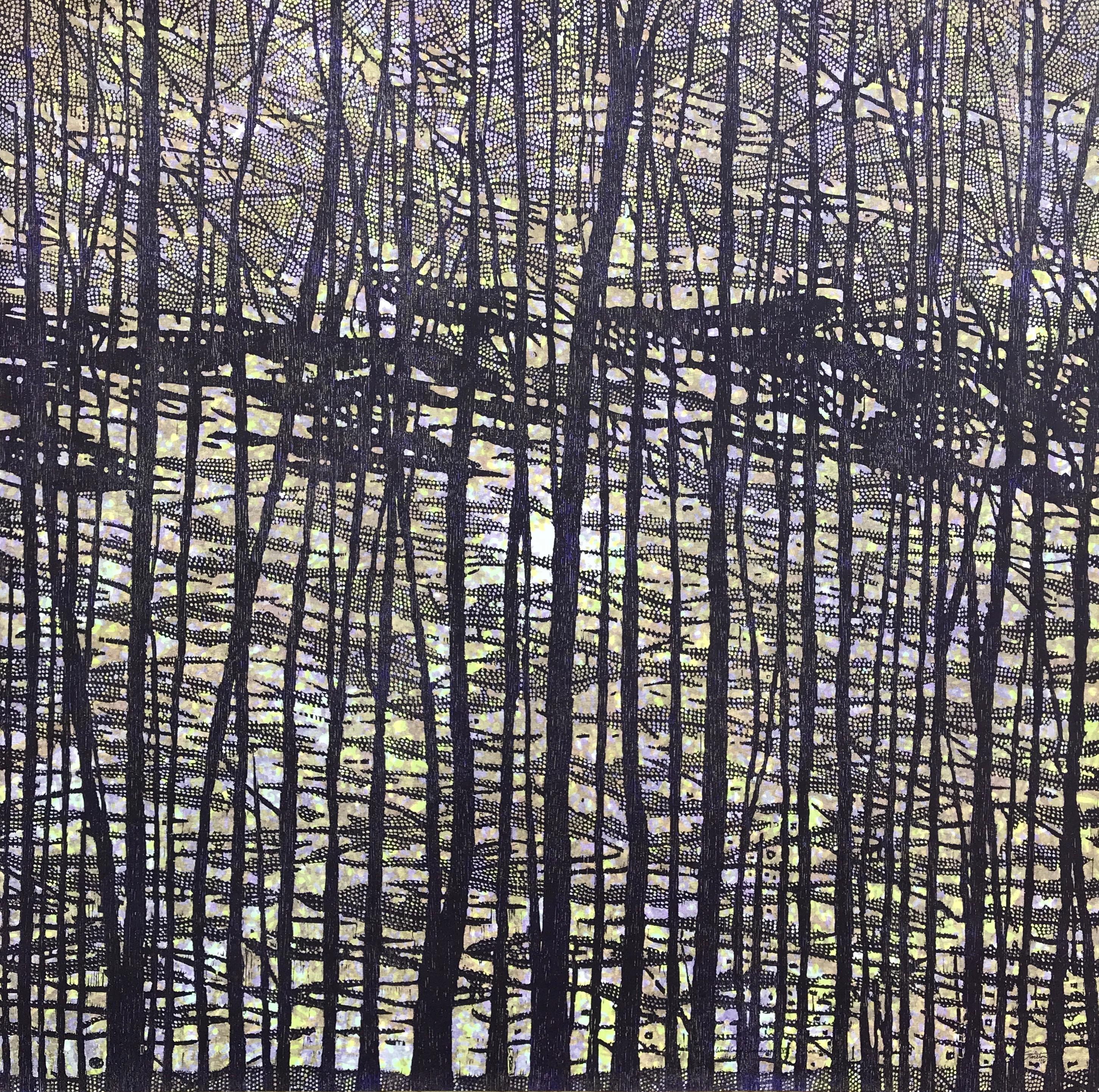 Eve Stockton Abstract Print - Woodland Landscape VII Variation 13, Nature Woodcut in Dark Navy, Light Purple