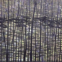 Woodland Landscape VII Variation 13, Nature Woodcut in Dark Navy, Light Purple