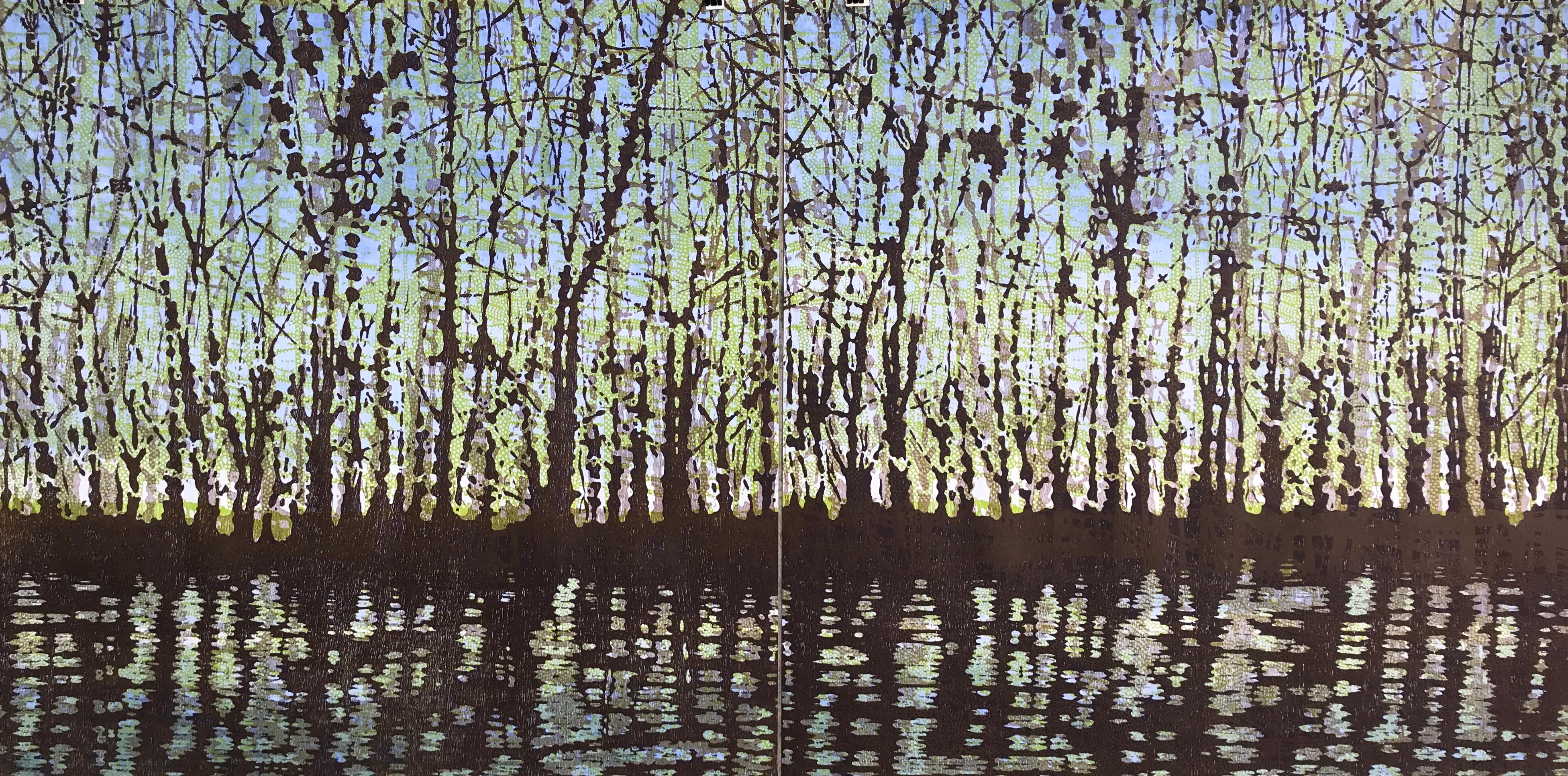 Woodland Landscape VIII Diptych 11, Large Forest Woodcut, Pale Green, Dark Brown