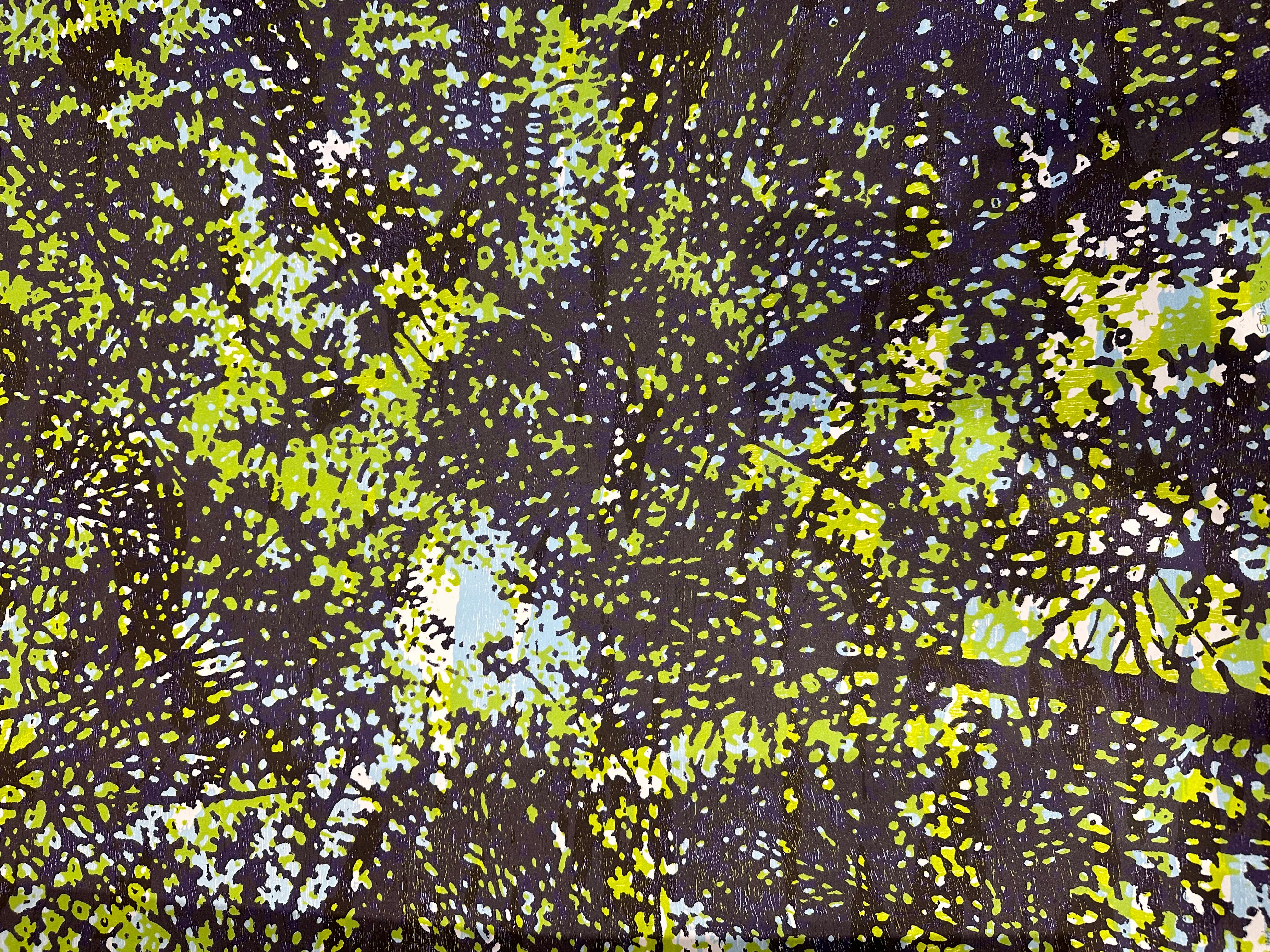 Woodland Skyscape 136, Forest Sky, Trees, Lime Green, Light Blue, Dark Eggplant - Black Landscape Print by Eve Stockton