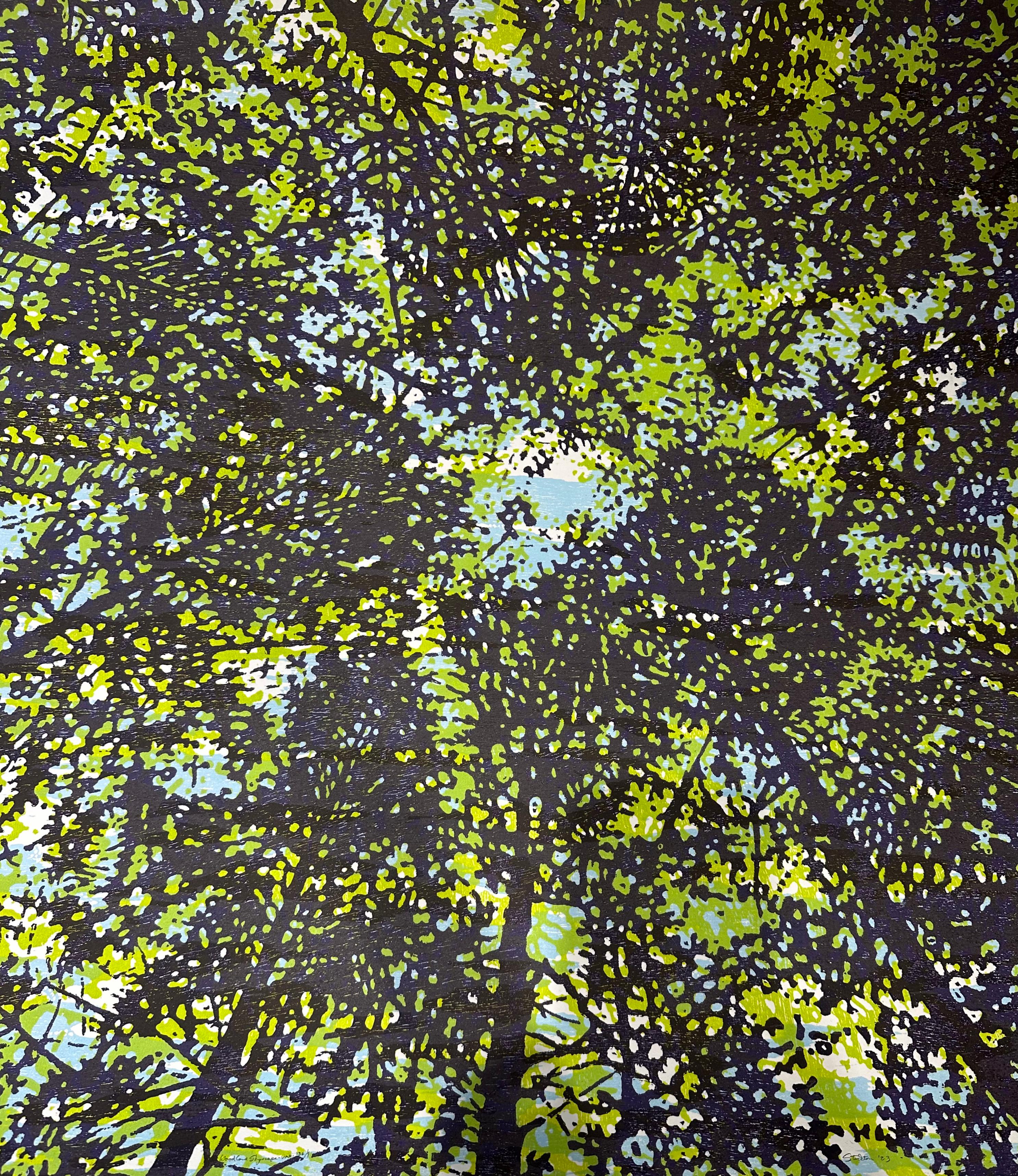 This square woodcut print on paper evokes the peacefulness of looking upwards through a forest canopy in a symmetrical pattern composed of the silhouettes of trees in shades of dark eggplant, bright lime green and pale sky blue. The monotype brings