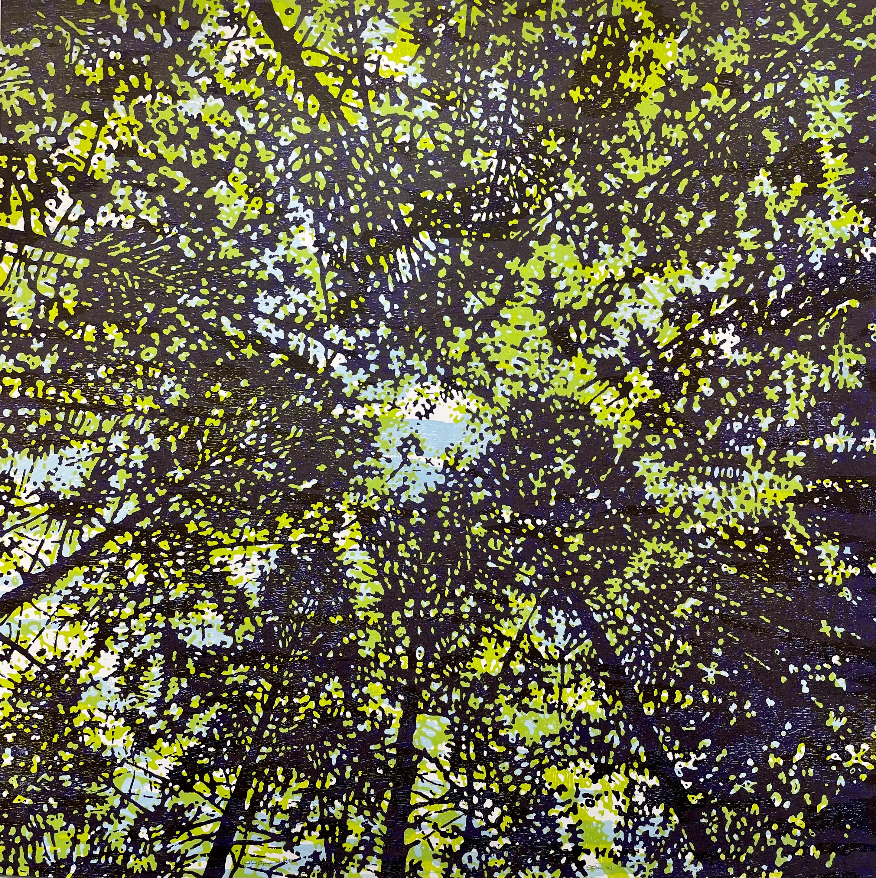 Eve Stockton Landscape Print - Woodland Skyscape 136, Forest Sky, Trees, Lime Green, Light Blue, Dark Eggplant