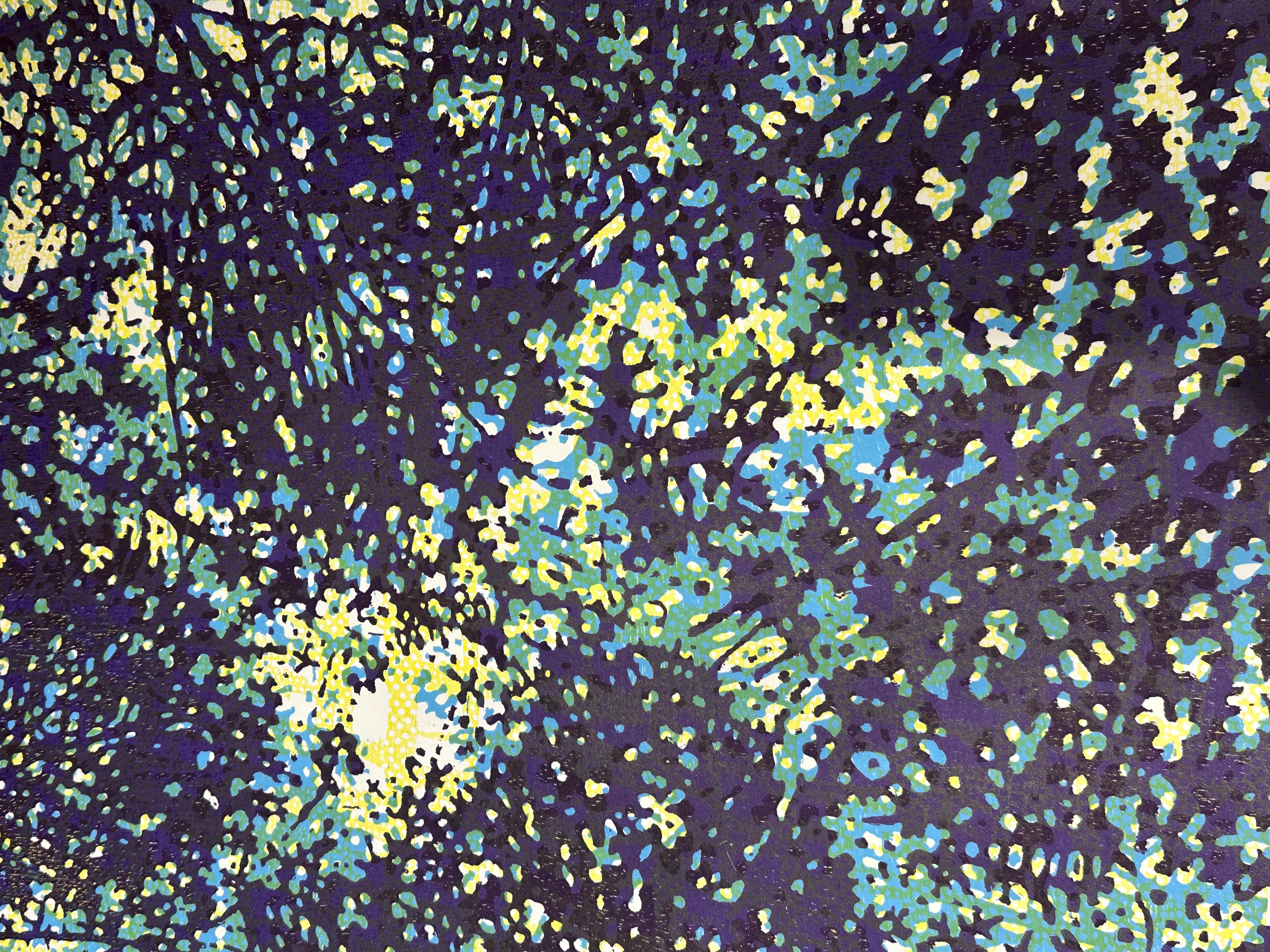 Woodland Skyscape 142, Forest Sky, Trees, Lapis Navy Blue, Light Yellow, Teal - Print by Eve Stockton
