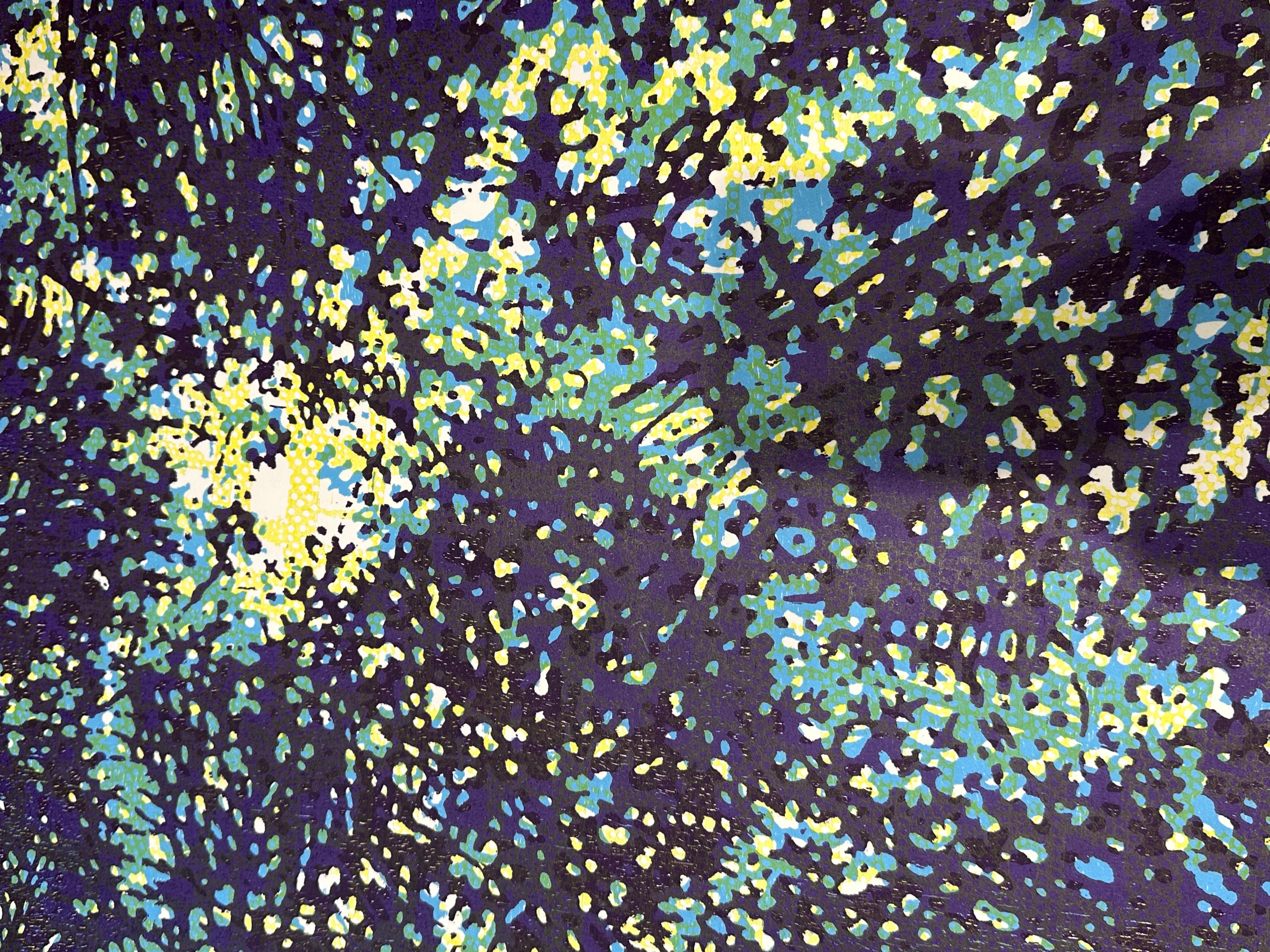 Woodland Skyscape 142, Forest Sky, Trees, Lapis Navy Blue, Light Yellow, Teal - Contemporary Print by Eve Stockton