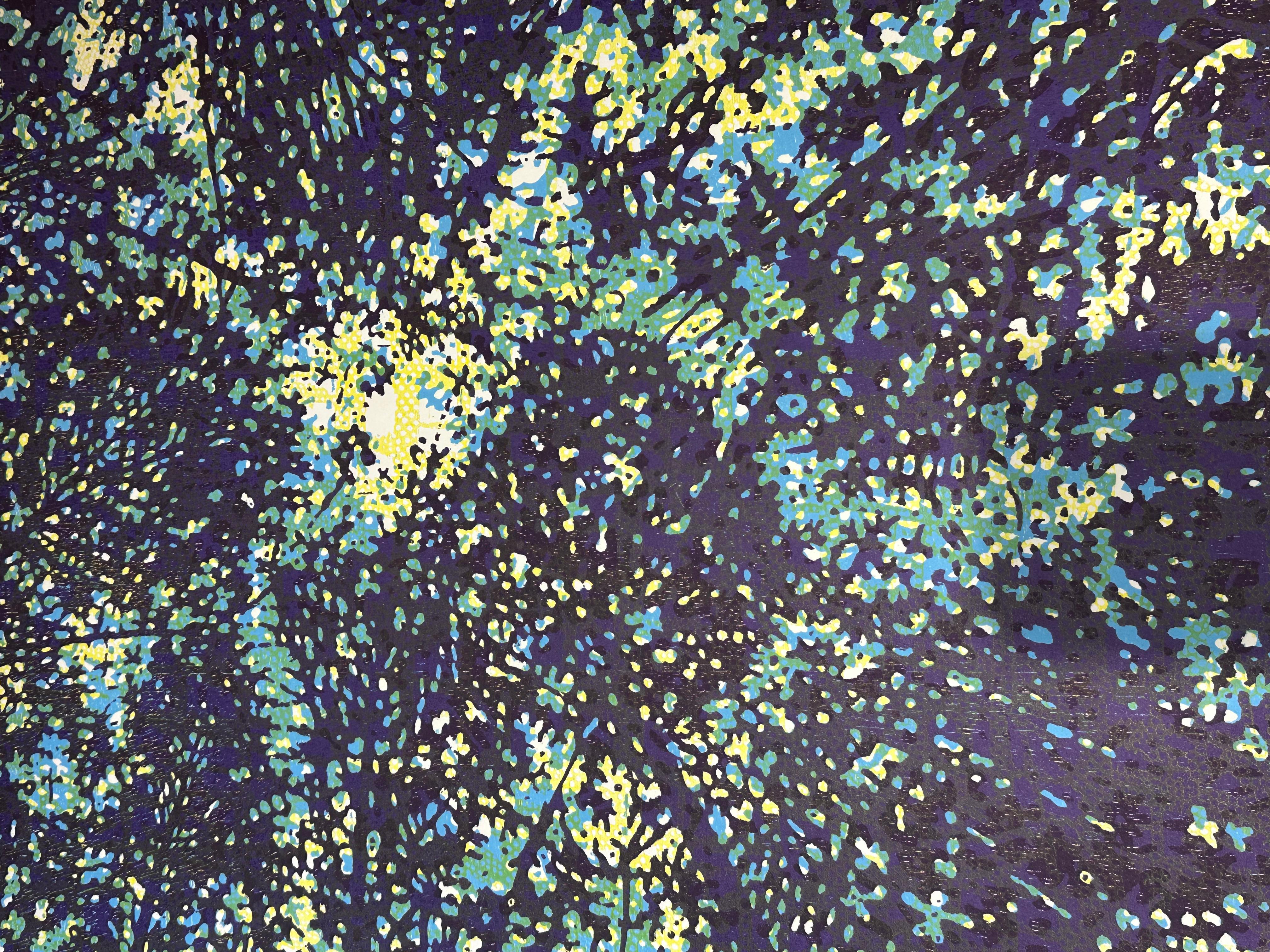 Woodland Skyscape 142, Forest Sky, Trees, Lapis Navy Blue, Light Yellow, Teal - Black Landscape Print by Eve Stockton
