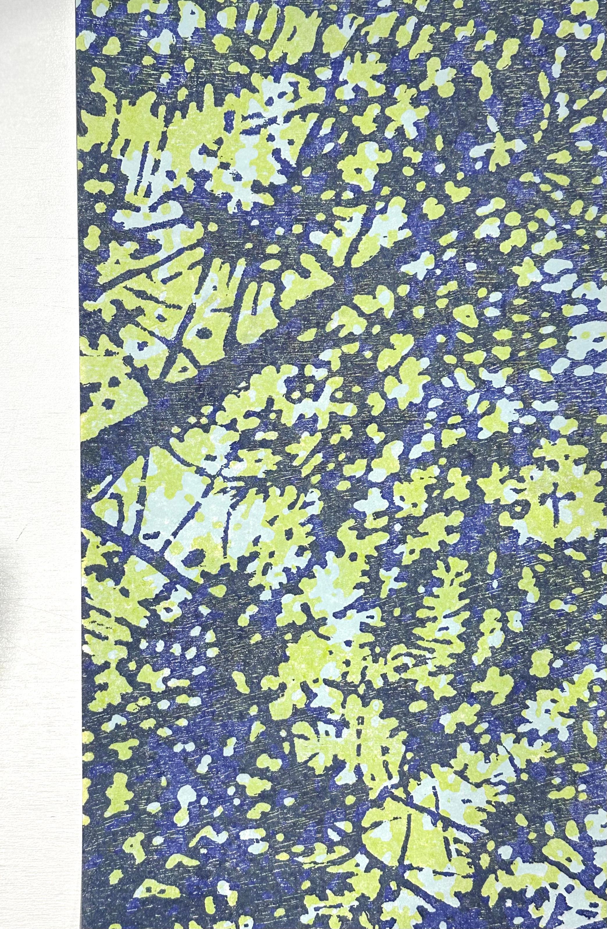 This square woodcut print on paper evokes the peacefulness of looking upwards through a forest canopy in a symmetrical pattern composed of the silhouettes of trees in shades of cobalt blue, and light yellow green.The monotype brings to mind the