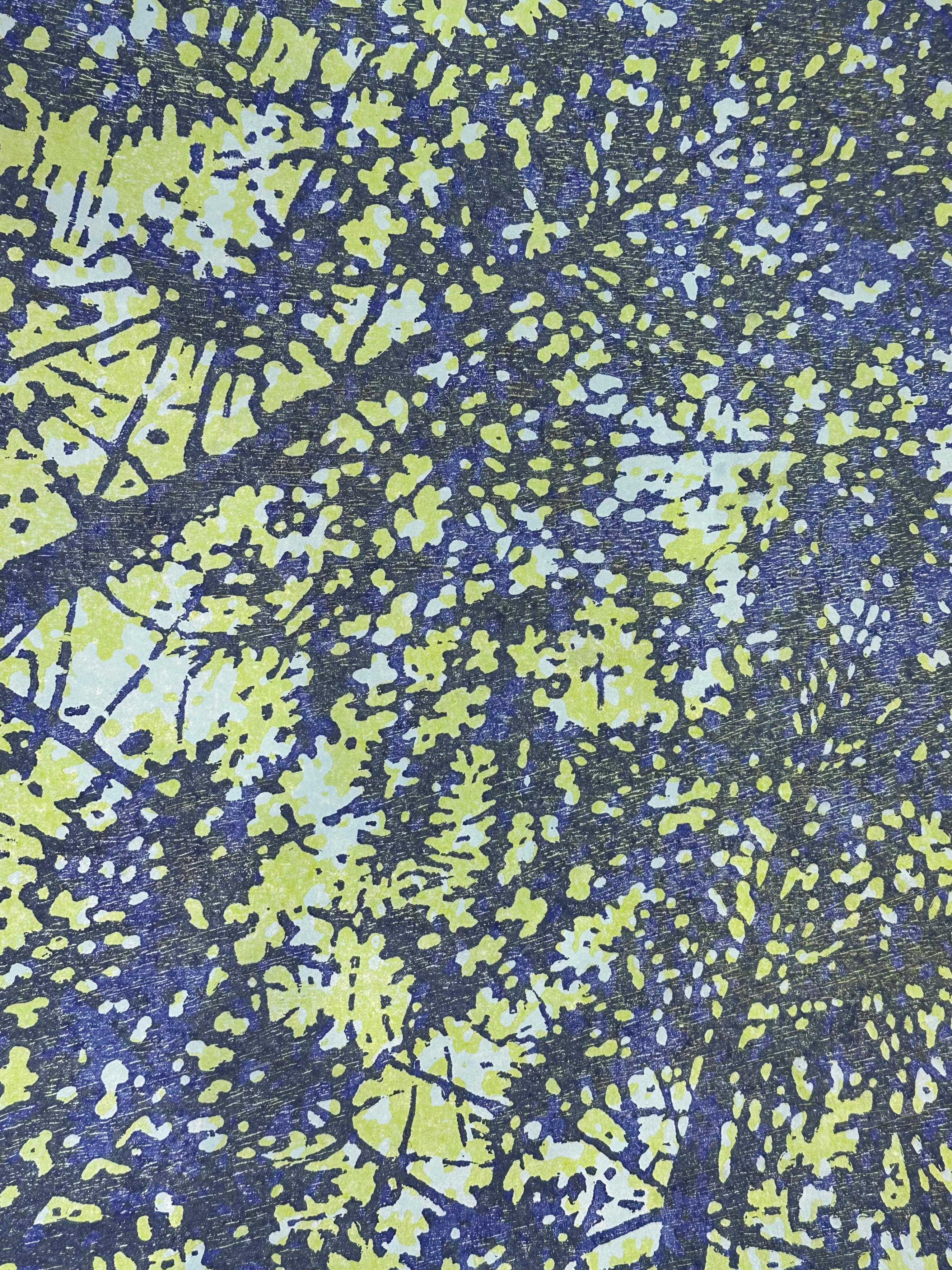 Woodland Skyscape 143, Forest Sky, Trees, Cobalt Blue, Yellow Lime Woodcut Print For Sale 1