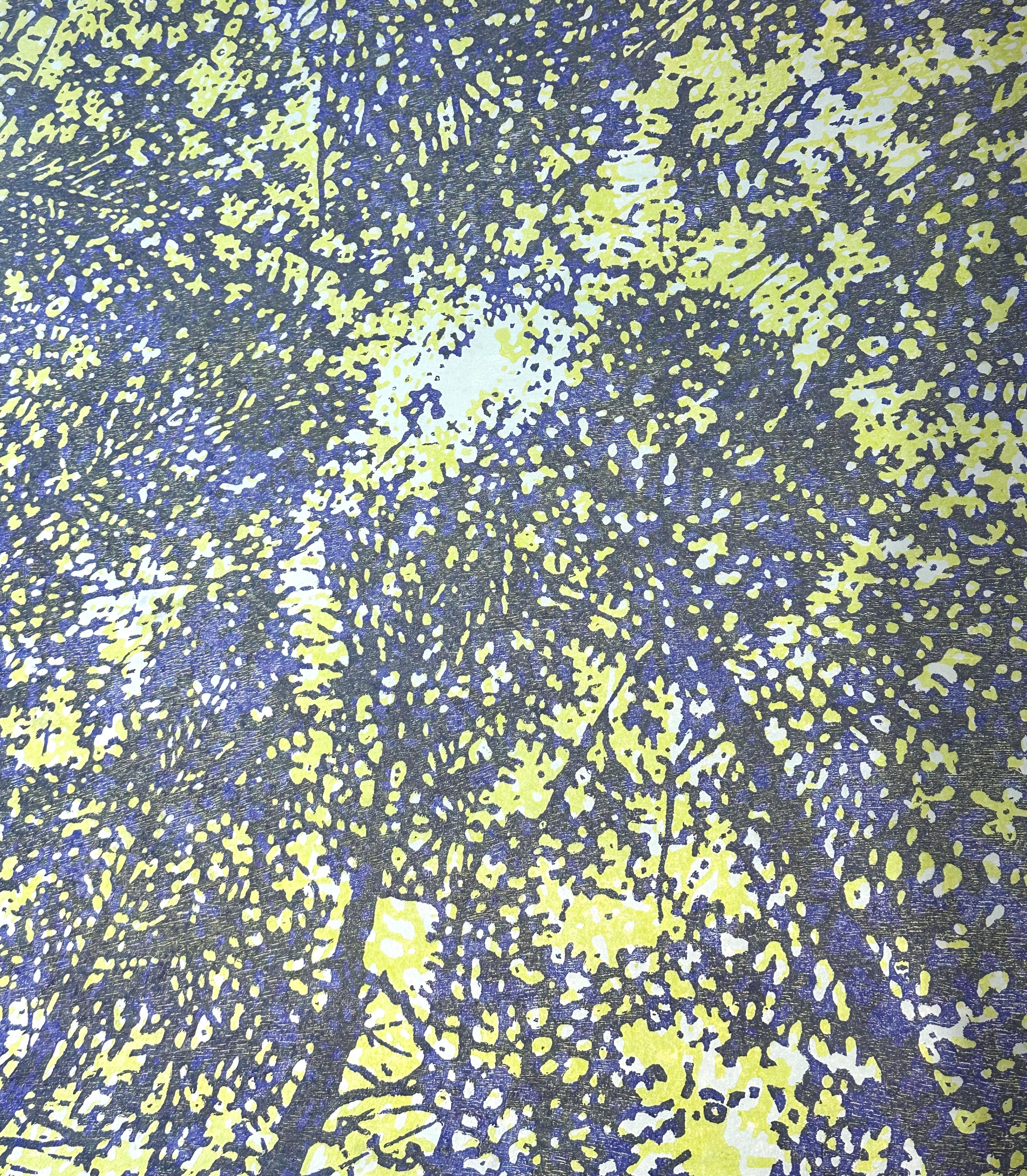 Woodland Skyscape 143, Forest Sky, Trees, Cobalt Blue, Yellow Lime Woodcut Print For Sale 3