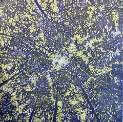 Woodland Skyscape 143, Forest Sky, Trees, Cobalt Blue, Yellow Lime Woodcut Print