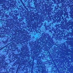 Woodland Skyscape 45, Woodcut Print of Forest Canopy and Sky, Violet, Blue, Cyan