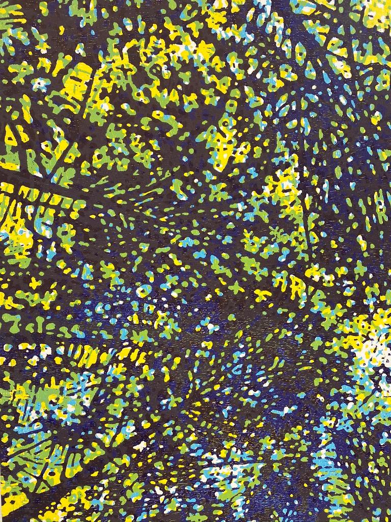 Woodland Skyscape 51, Forest Sky Woodcut Print in Green, Yellow, Dark Navy Blue 1