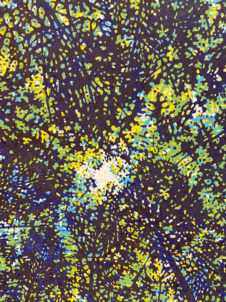 Woodland Skyscape 51, Forest Sky Woodcut Print in Green, Yellow, Dark Navy Blue 2