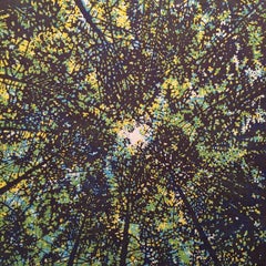 Woodland Skyscape 51, Forest Sky Woodcut Print in Green, Yellow, Dark Navy Blue