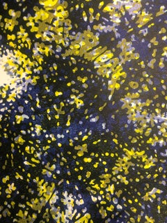 Woodland Skyscape 96, Woodcut Print of Forest Sky with Trees Blue, Yellow