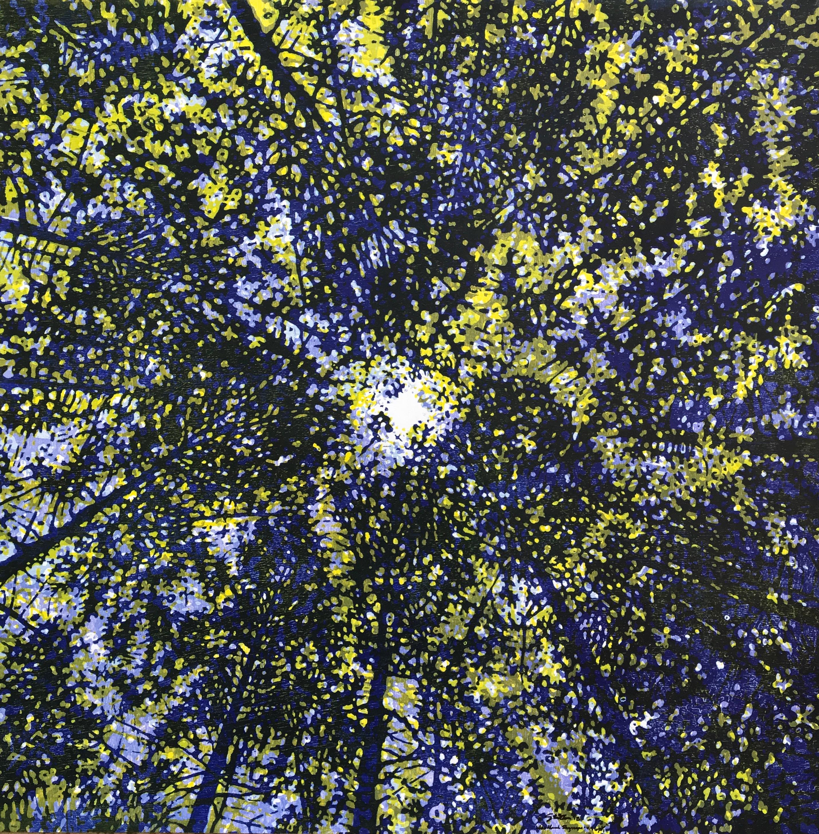 Woodland Skyscape 96, Woodcut Print of Forest Sky with Trees Blue, Yellow