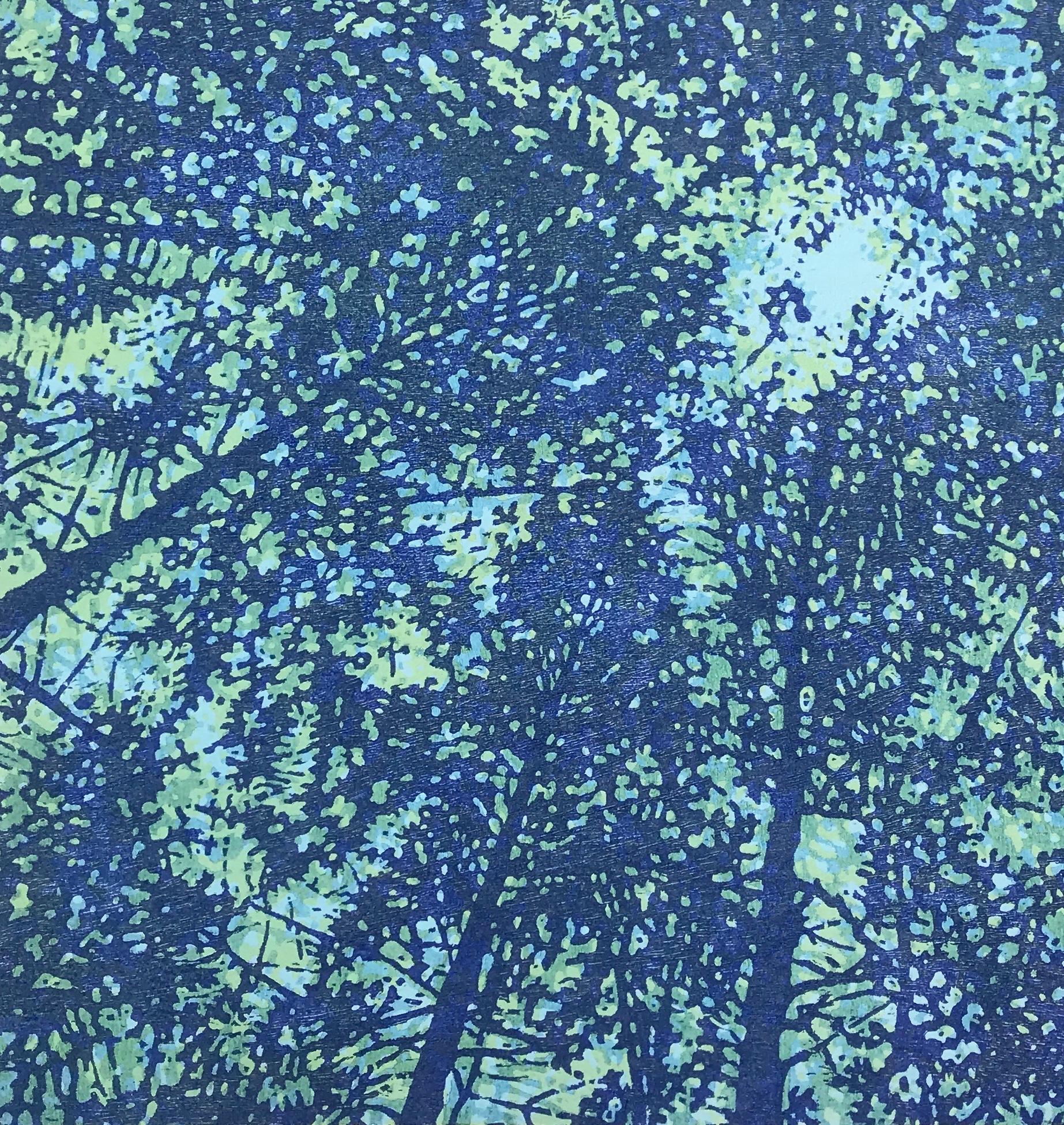 Woodland Skyscape 106, Forest Sky Woodcut Print in Blue, Teal and Mint Green 1