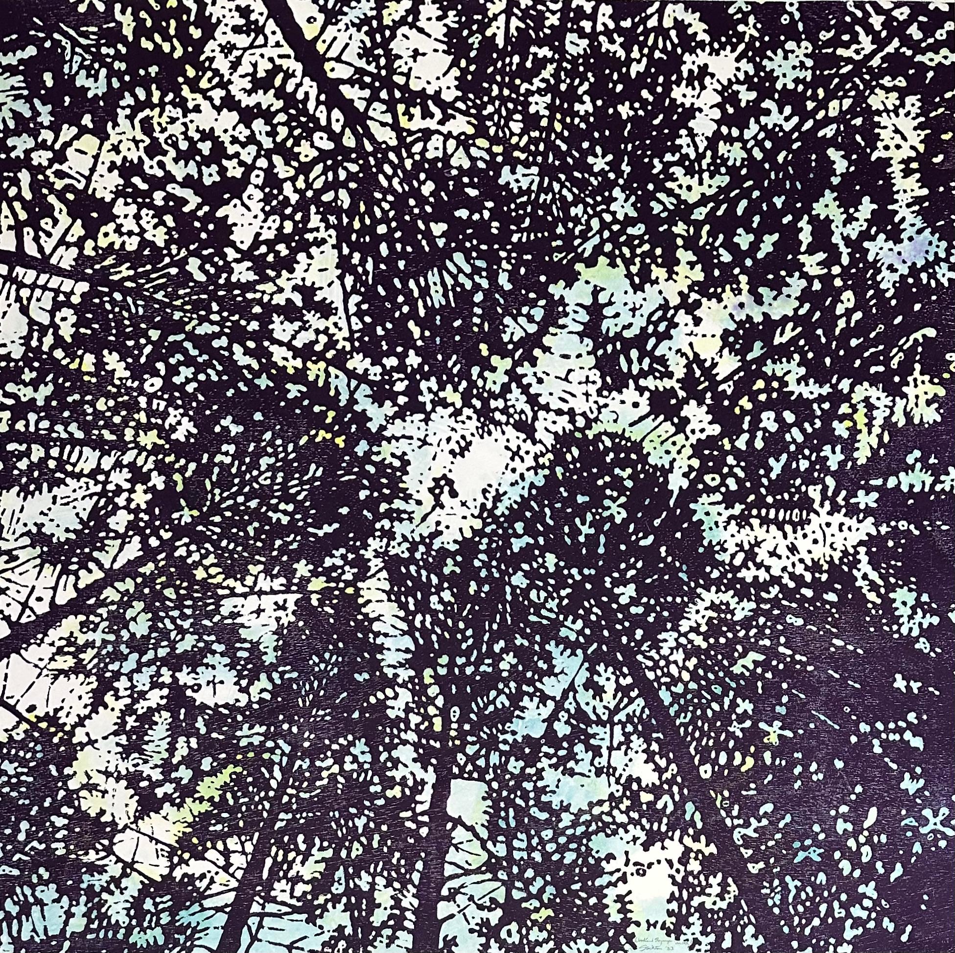 Woodland Skyscape Variation 145, Forest Sky Woodcut in Dark Violet, Pale Blue - Print by Eve Stockton
