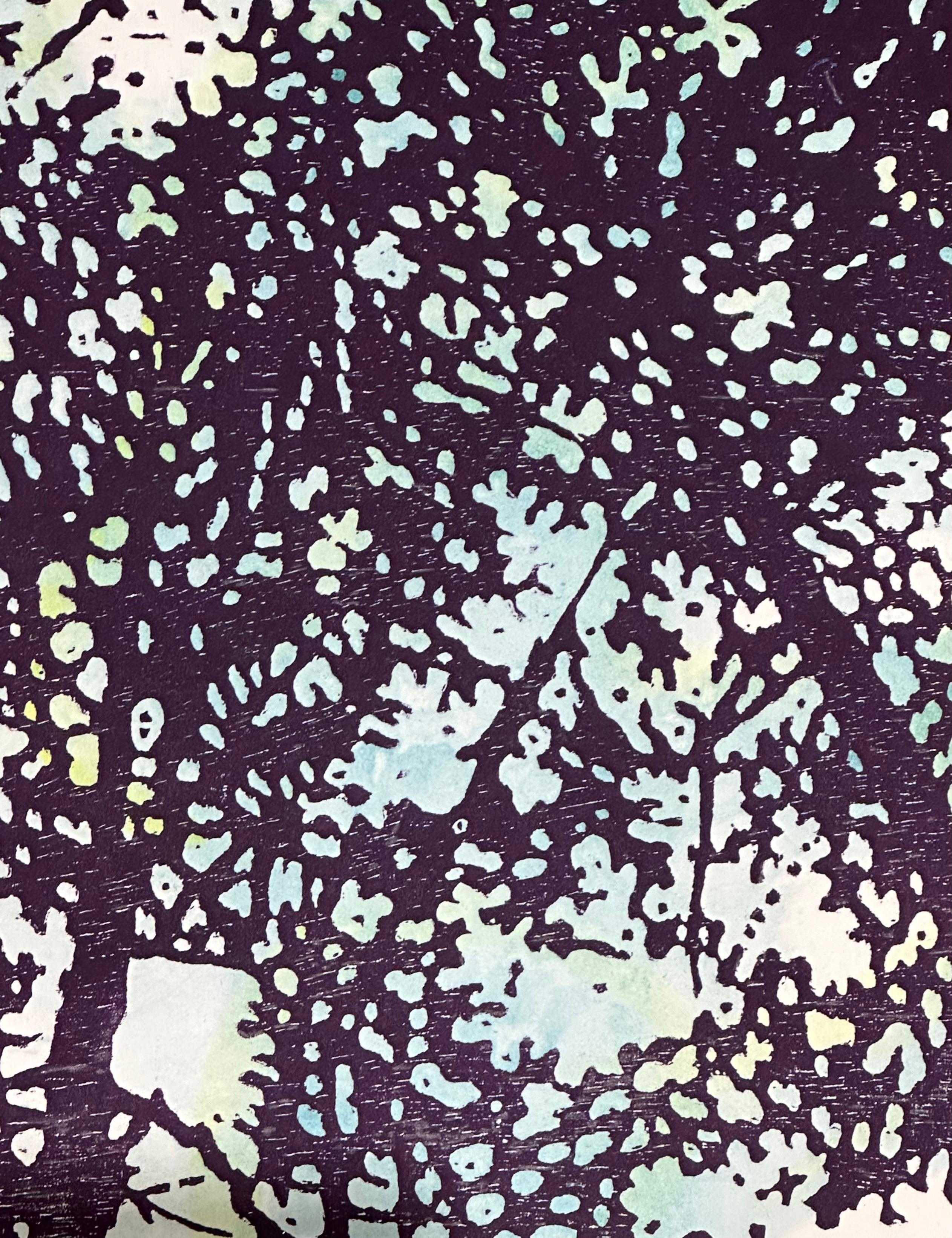 Woodland Skyscape Variation 145, Forest Sky Woodcut in Dark Violet, Pale Blue - Contemporary Print by Eve Stockton