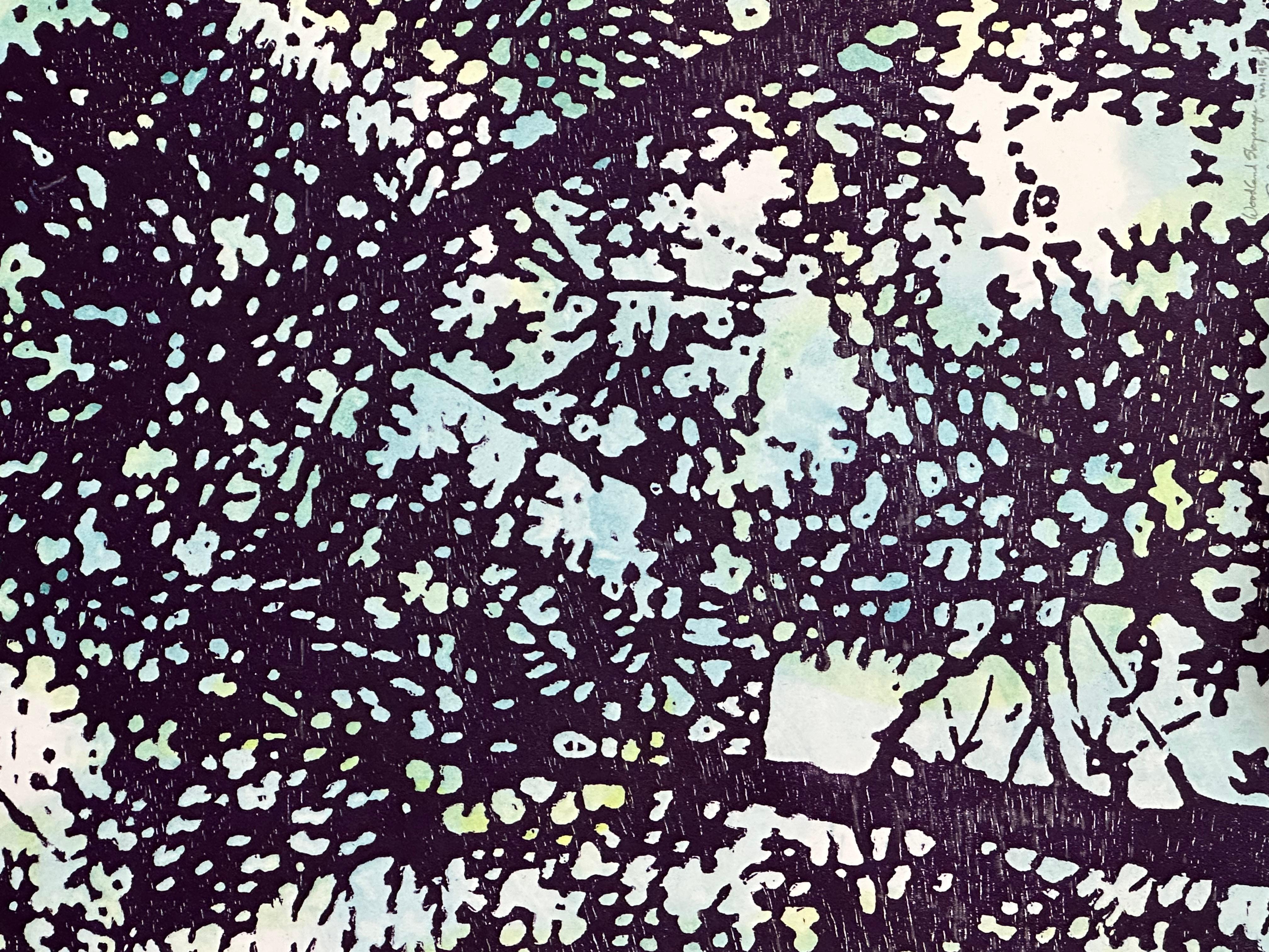 Woodland Skyscape Variation 145, Forest Sky Woodcut in Dark Violet, Pale Blue For Sale 1