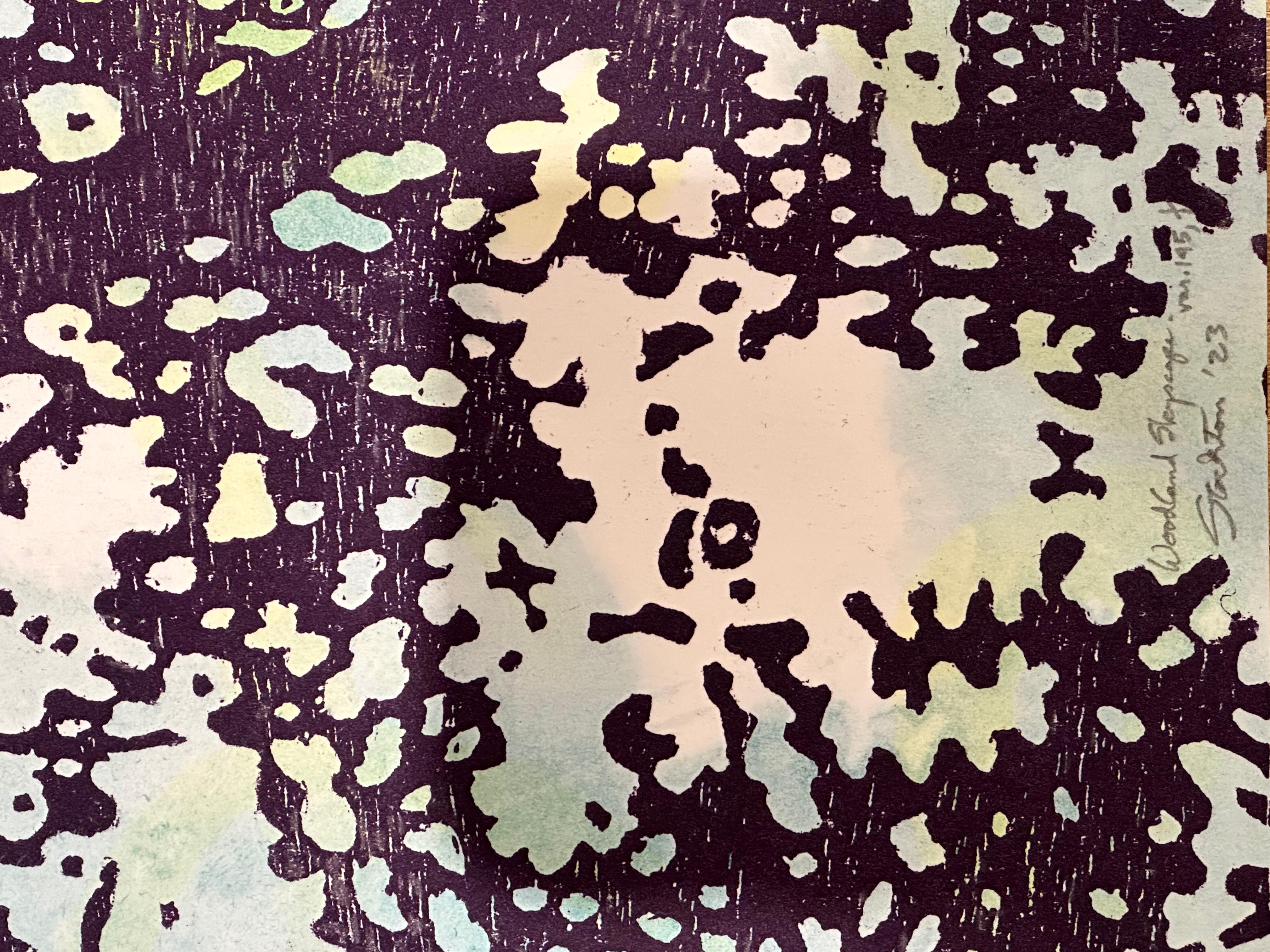 Woodland Skyscape Variation 145, Forest Sky Woodcut in Dark Violet, Pale Blue For Sale 3