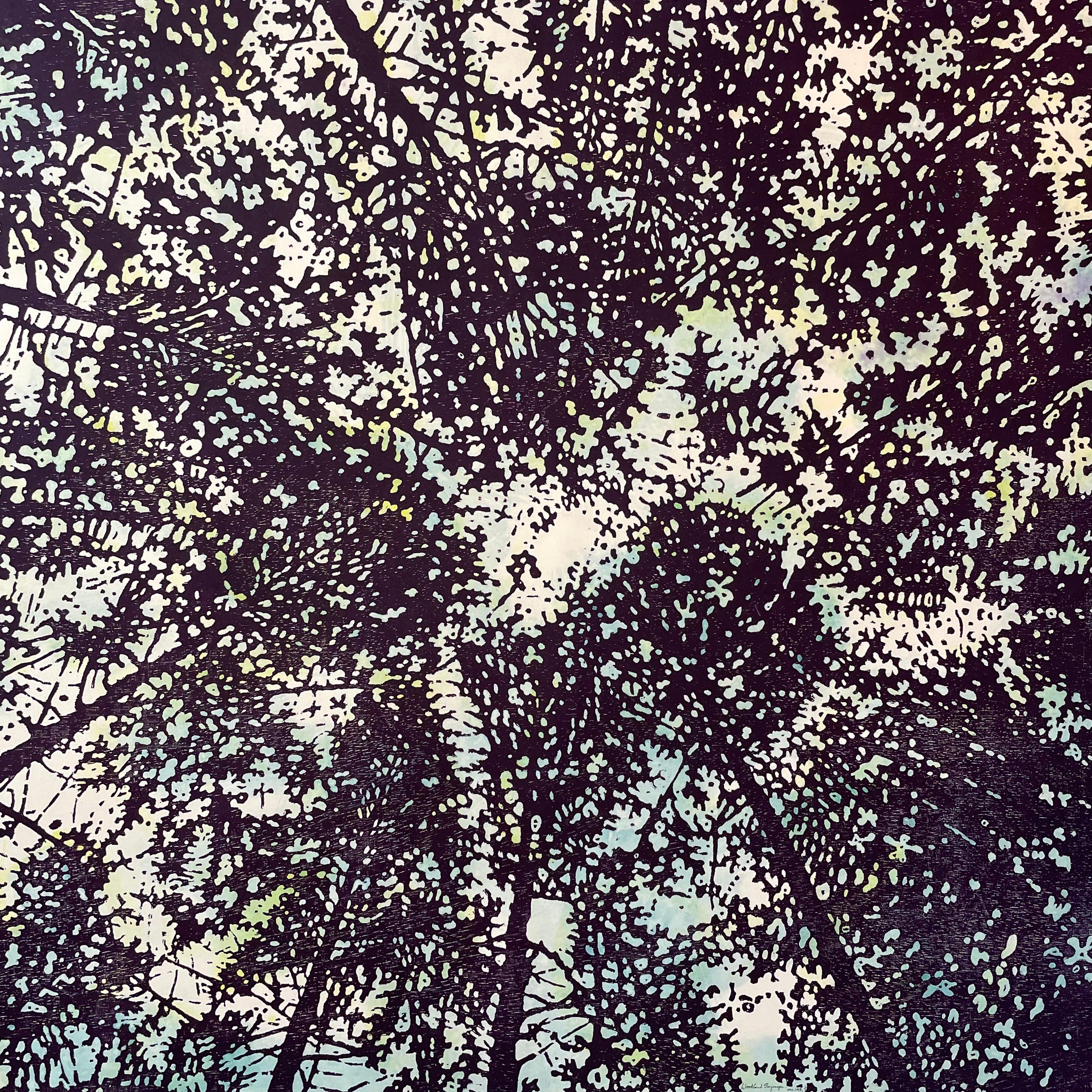 Variante 145 di Woodland Skyscape, incisione su legno del cielo della foresta in viola scuro e blu pallido