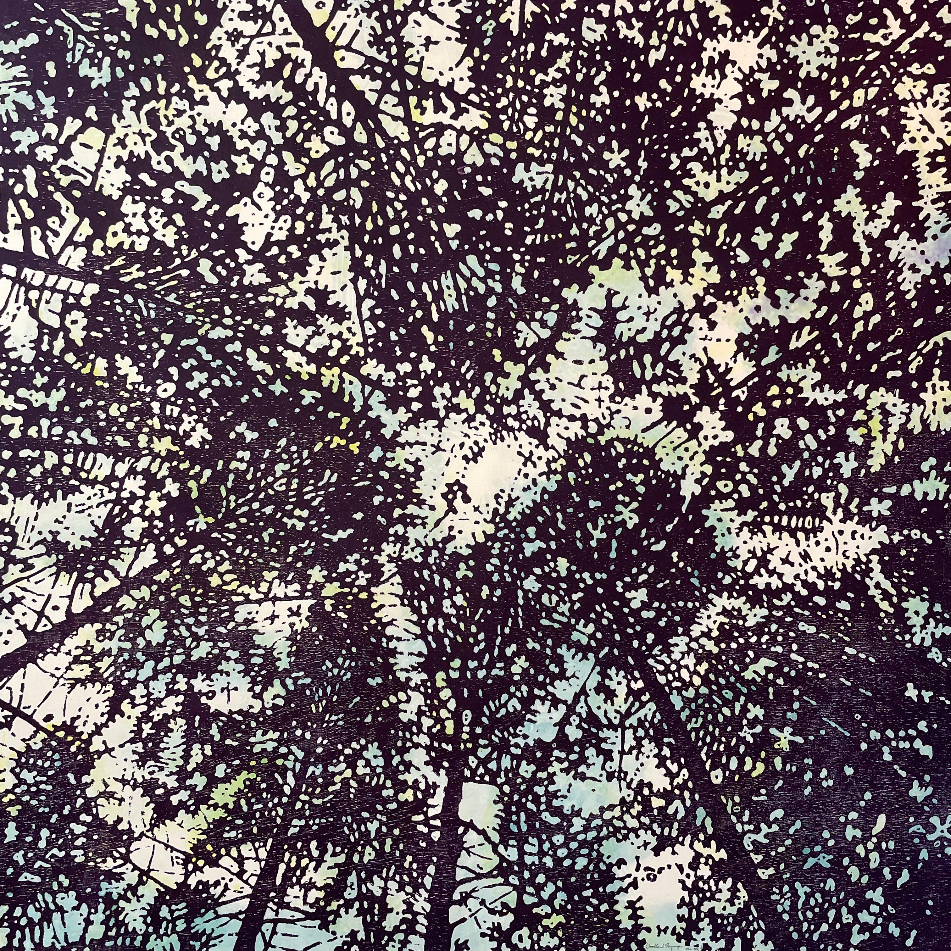 Eve Stockton Landscape Print - Woodland Skyscape Variation 145, Forest Sky Woodcut in Dark Violet, Pale Blue