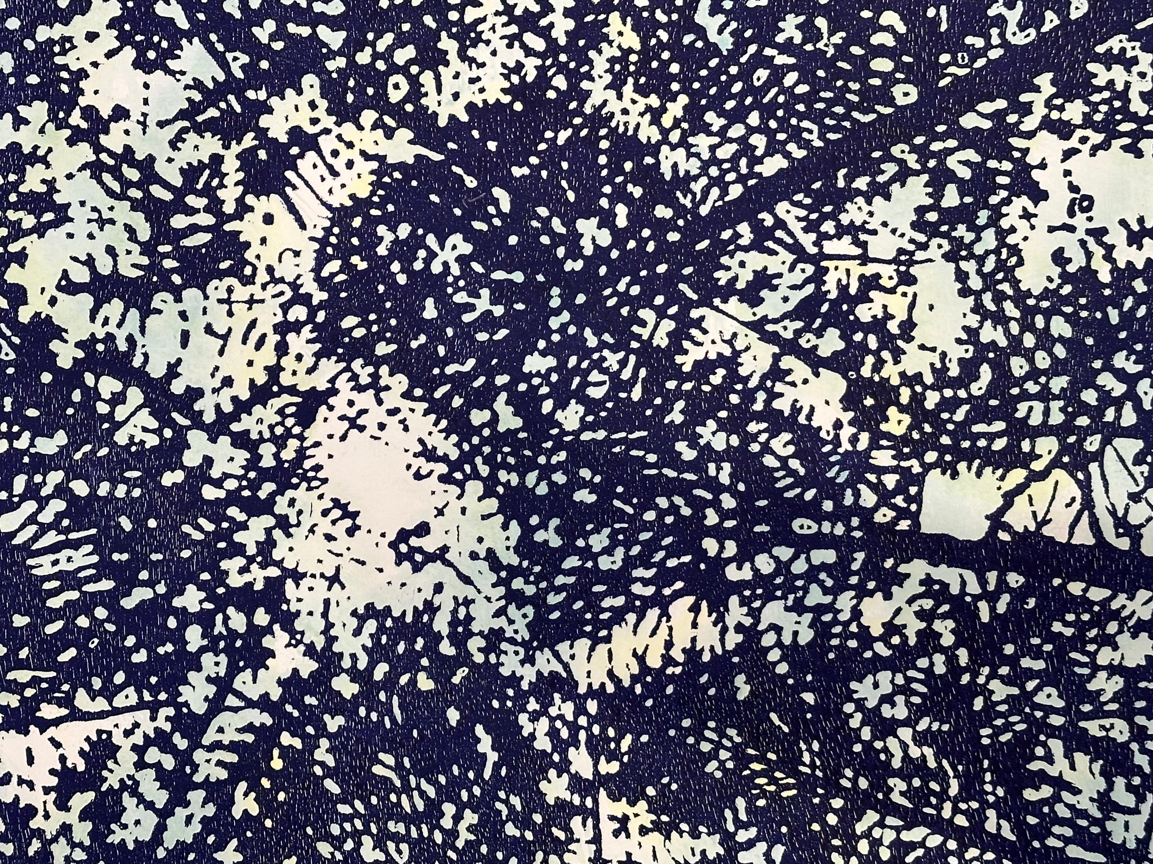 Woodland Skyscape Variation 147, Forest Sky Woodcut in Dark Navy, Pale Blue - Print by Eve Stockton