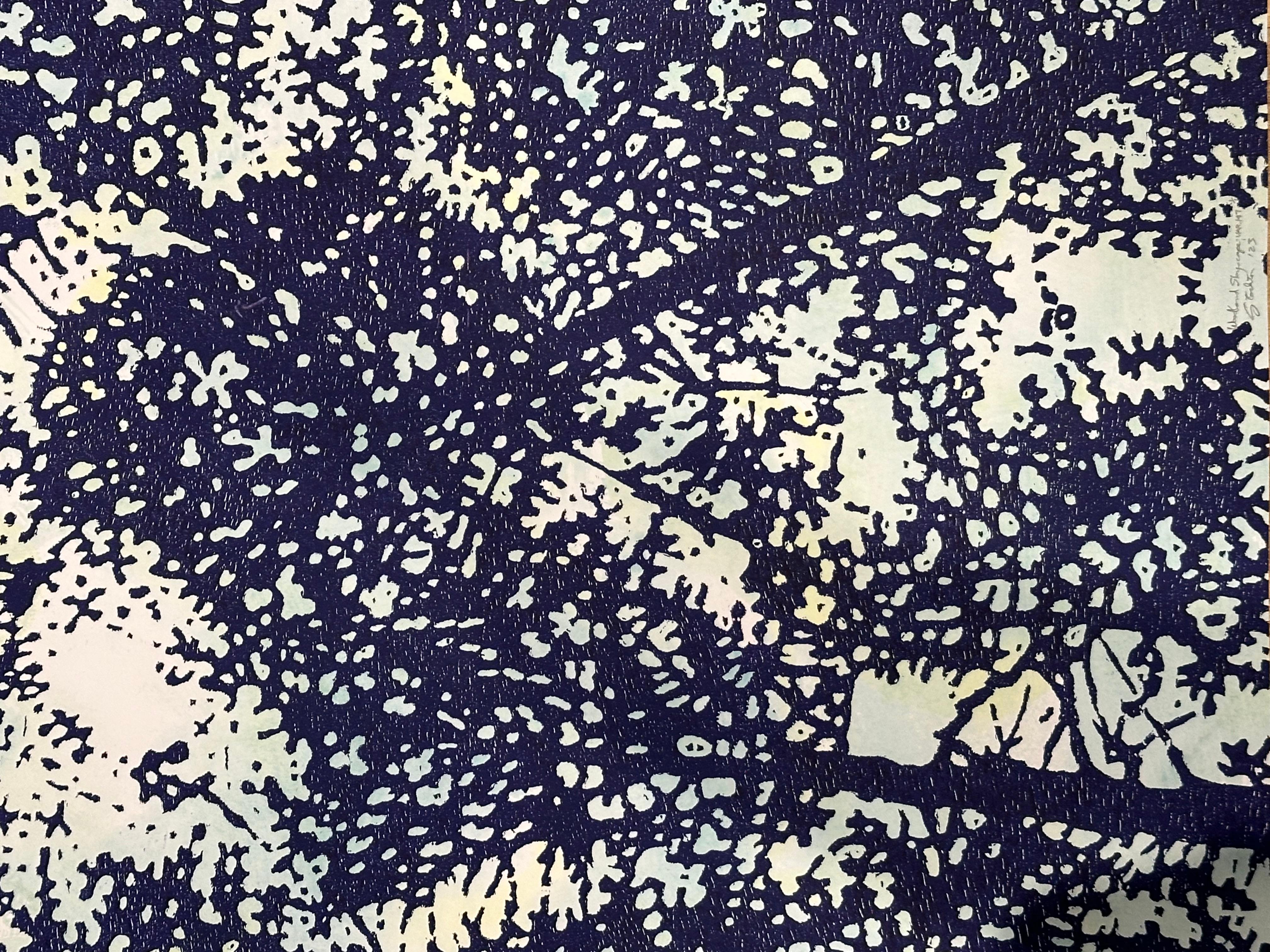 Woodland Skyscape Variation 147, Forest Sky Woodcut in Dark Navy, Pale Blue - Contemporary Print by Eve Stockton