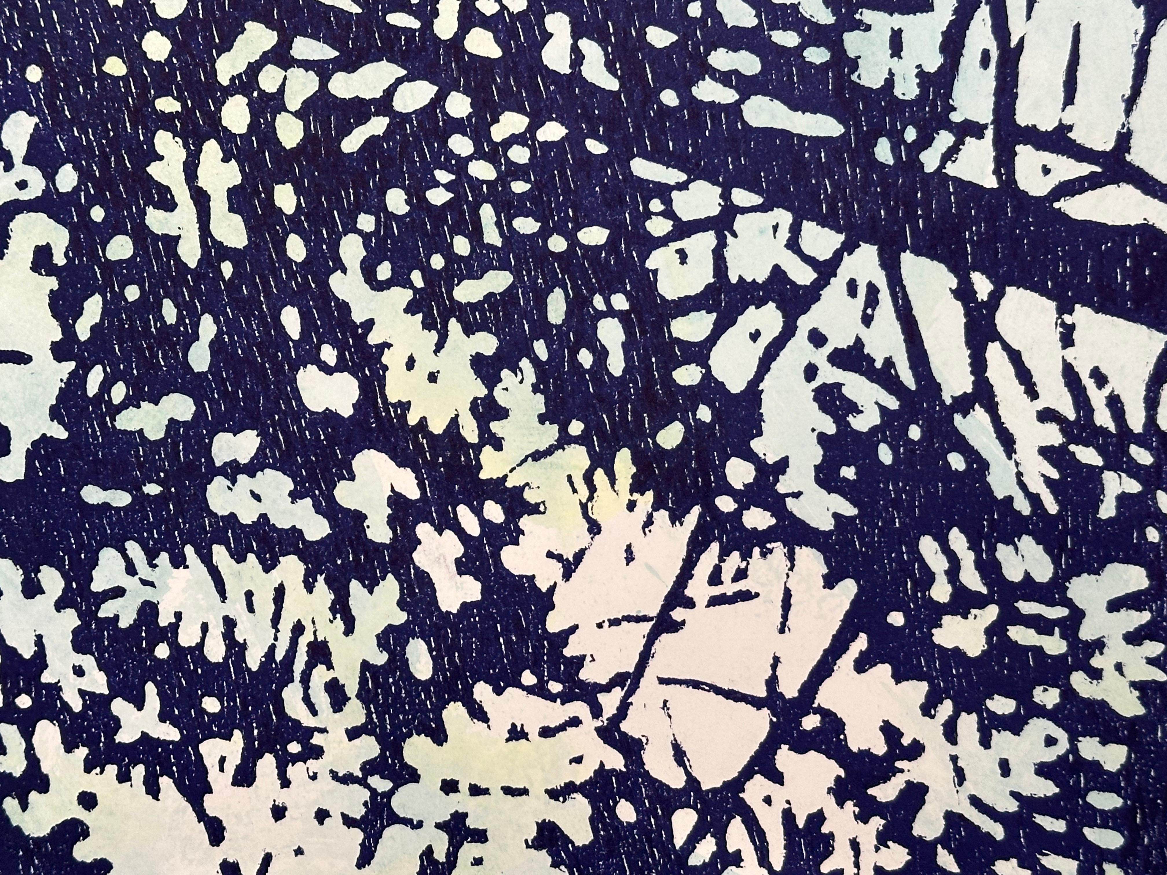 Woodland Skyscape Variation 147, Forest Sky Woodcut in Dark Navy, Pale Blue For Sale 2