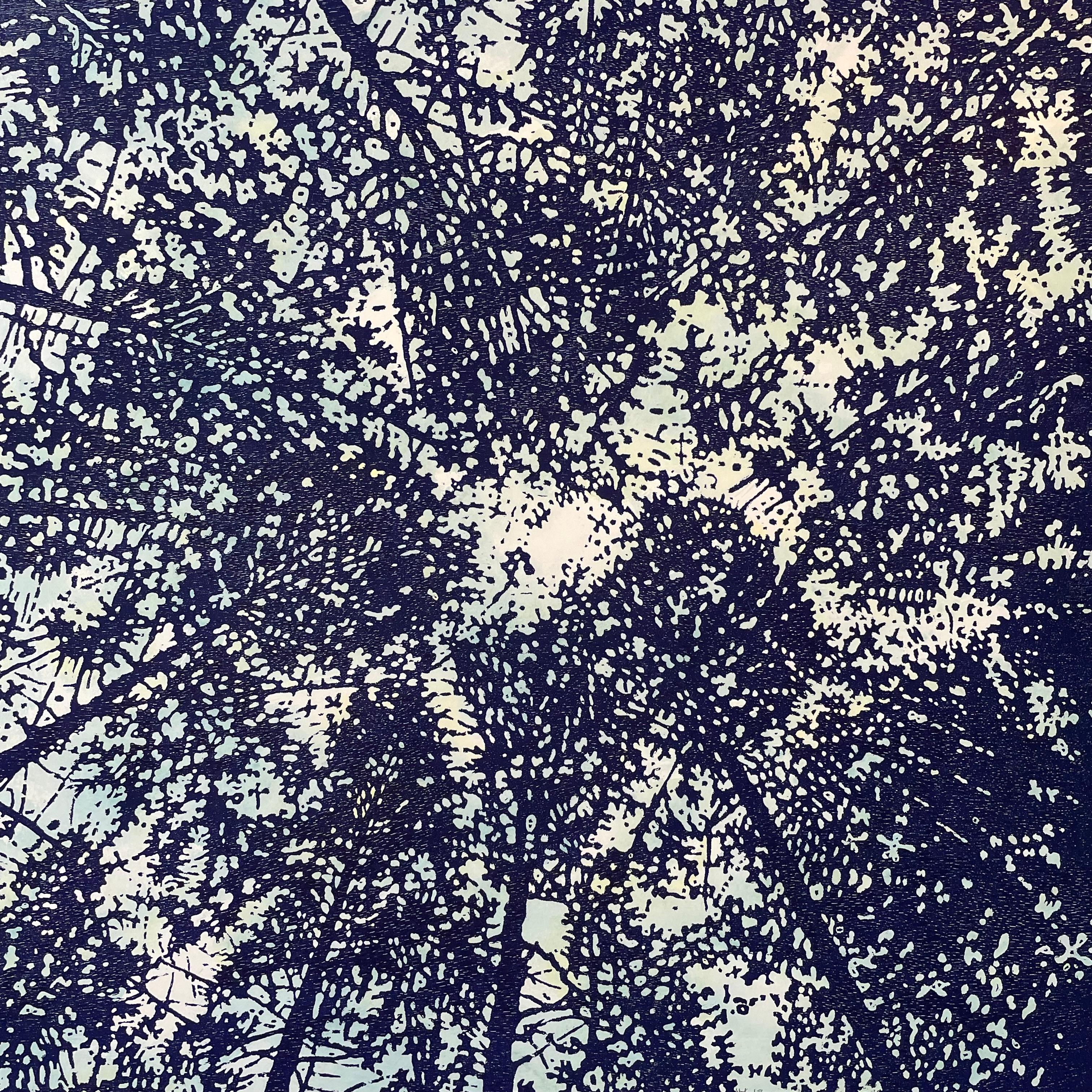 Eve Stockton Abstract Print - Woodland Skyscape Variation 147, Forest Sky Woodcut in Dark Navy, Pale Blue