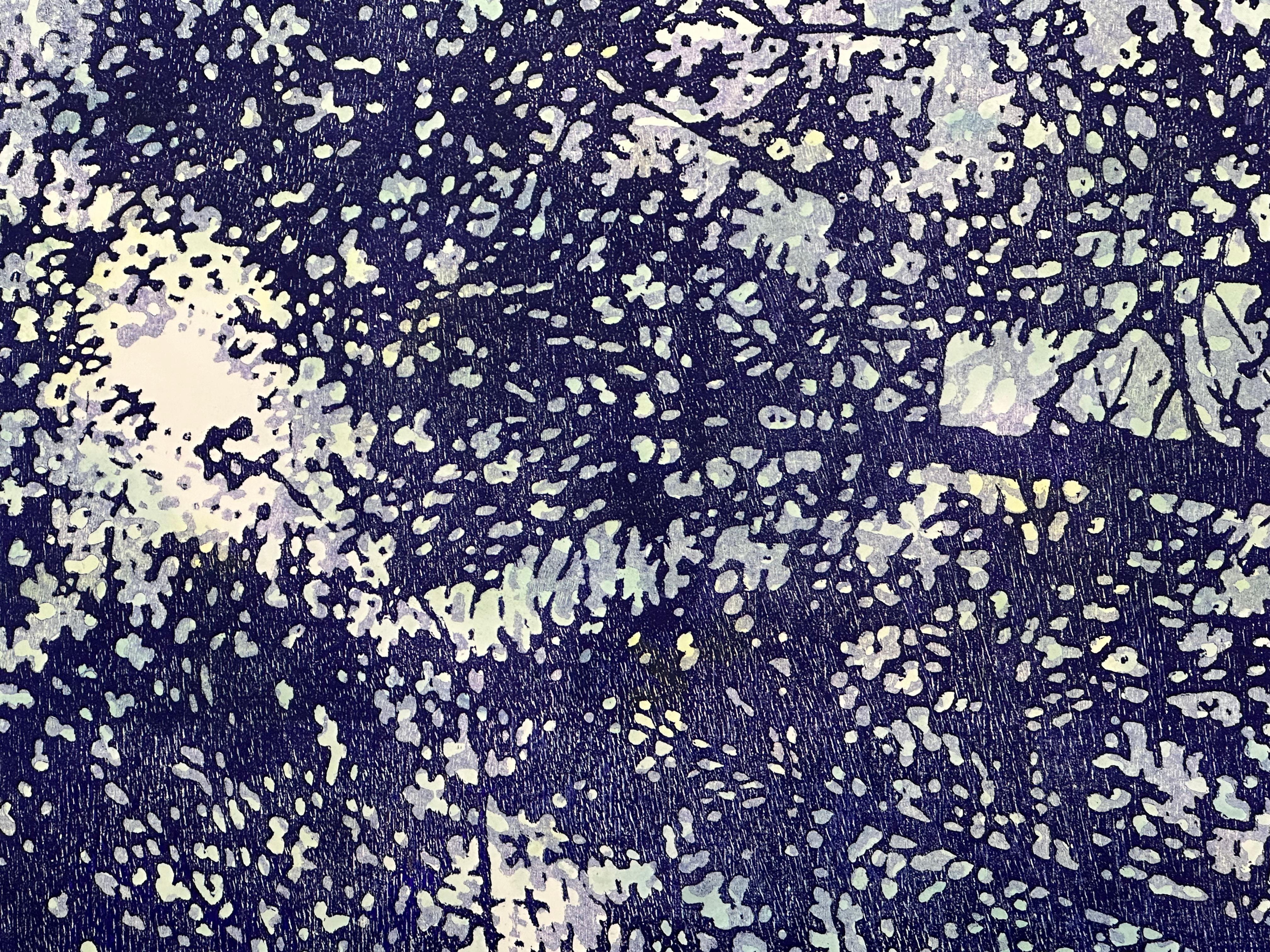 Woodland Skyscape Variation 148, Forest Sky Woodcut in Dark Cobalt, Light Blue - Print by Eve Stockton