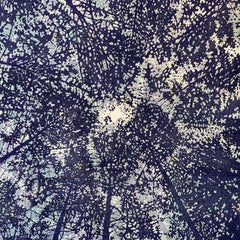 Woodland Skyscape Variation 148, Forest Sky Woodcut in Dark Cobalt, Light Blue