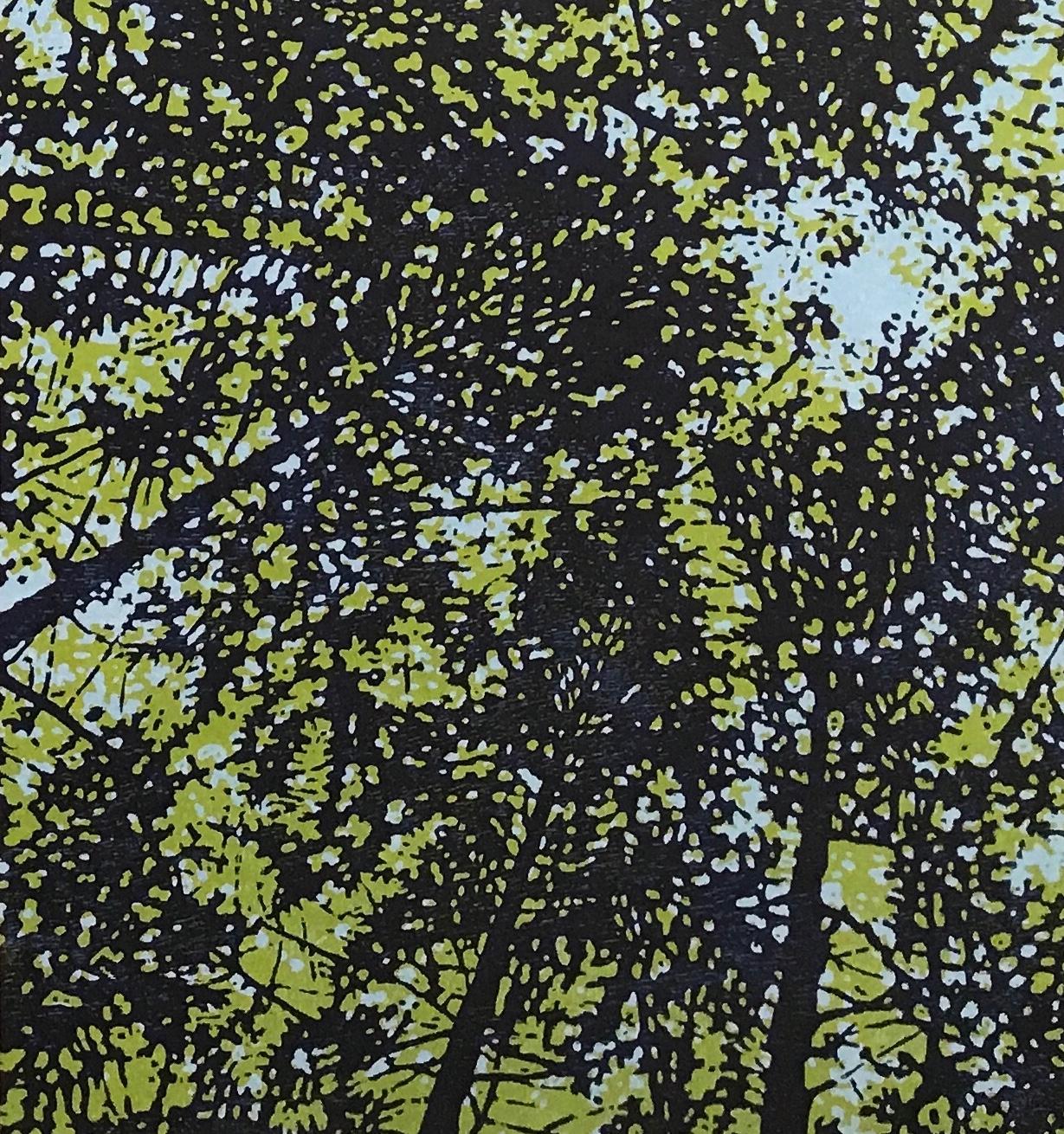 Woodland Skyscape 91, Forest Sky Woodcut Print in Pale Blue, Light Green, Navy - Black Landscape Print by Eve Stockton
