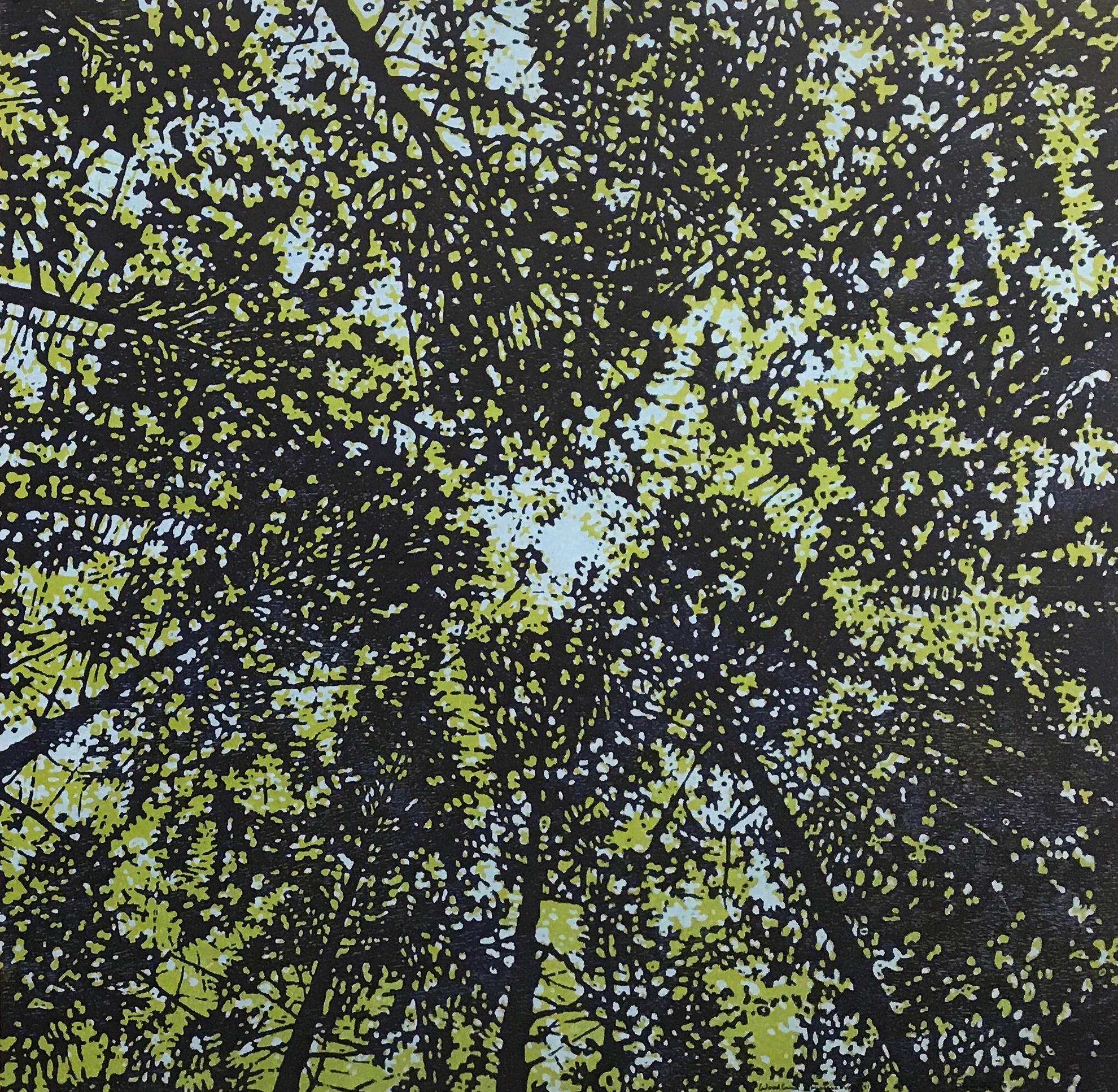 Eve Stockton Landscape Print - Woodland Skyscape 91, Forest Sky Woodcut Print in Pale Blue, Light Green, Navy