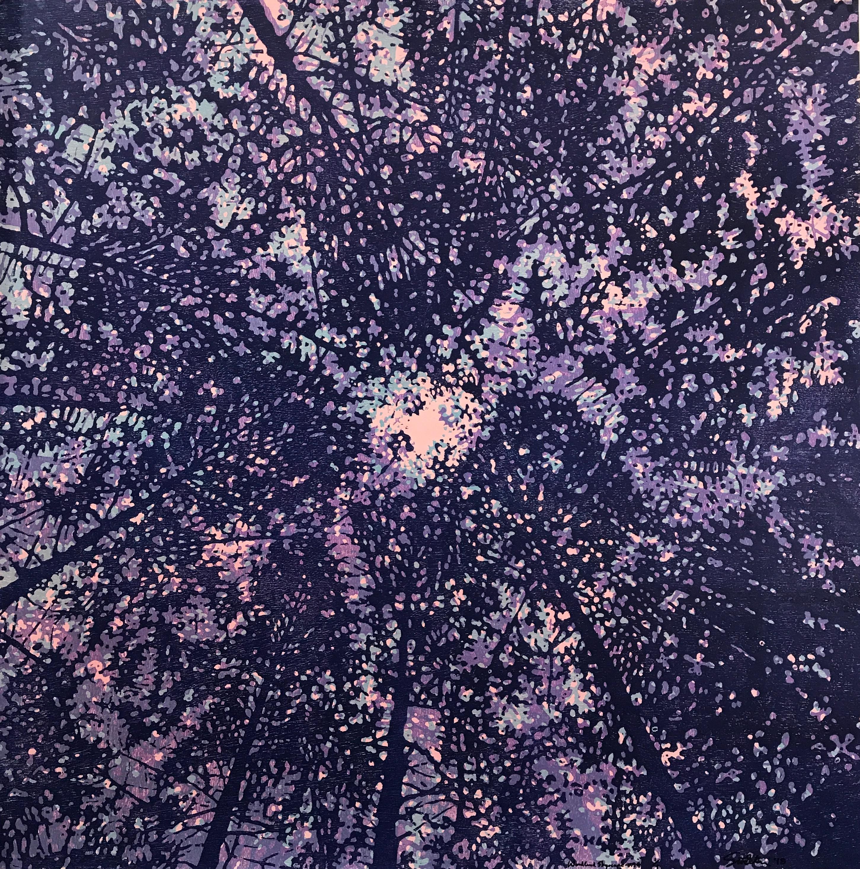 Eve Stockton Abstract Print - Woodland Skyscape Variation 94, Forest Sky with Trees, Woodcut in Purple, Blue