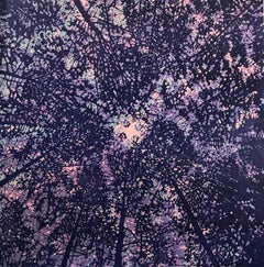 Woodland Skyscape Variation 94, Forest Sky with Trees, Woodcut in Purple, Blue