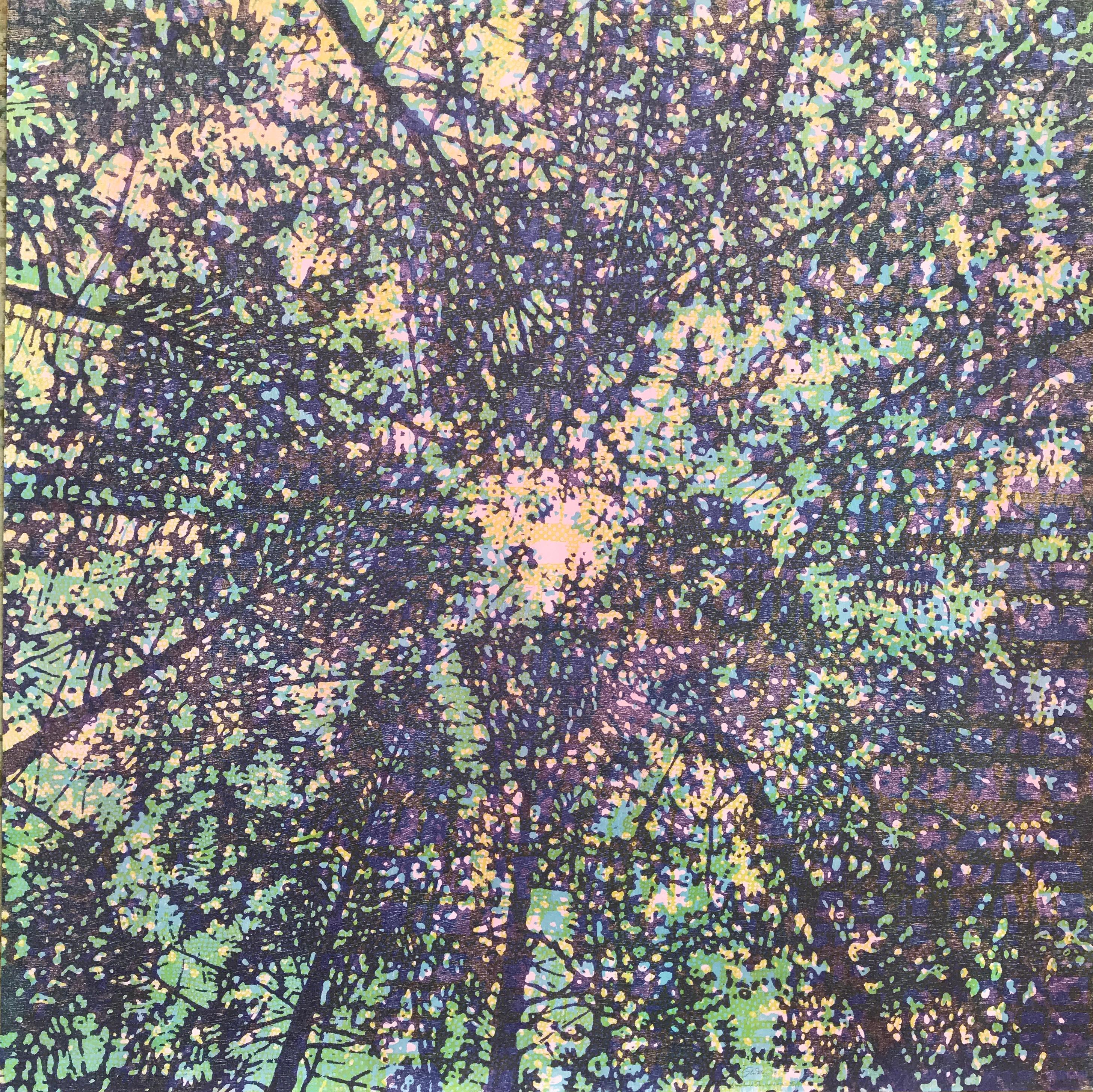 Eve Stockton Abstract Print - Woodland Skyscape Variation 95, Forest Sky Woodcut in Purple, Green, Yellow