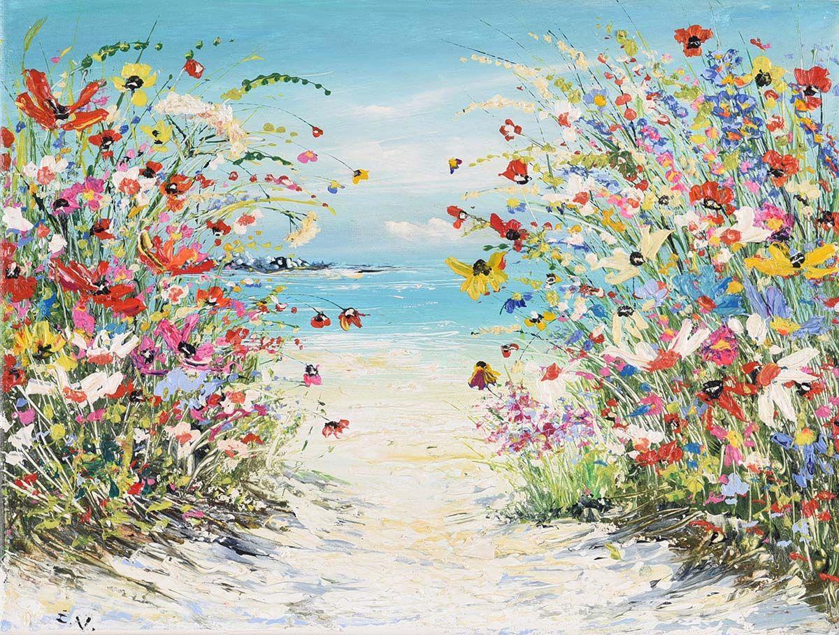 Peinture de fleurs sauvages colorée d'un paysage marin en empâtements, par un artiste britannique contemporain