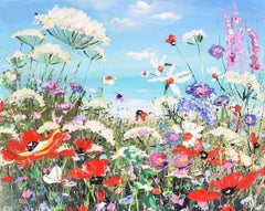 Colourful Impasto Seascape Wild Flower Painting by Contemporary British Artist