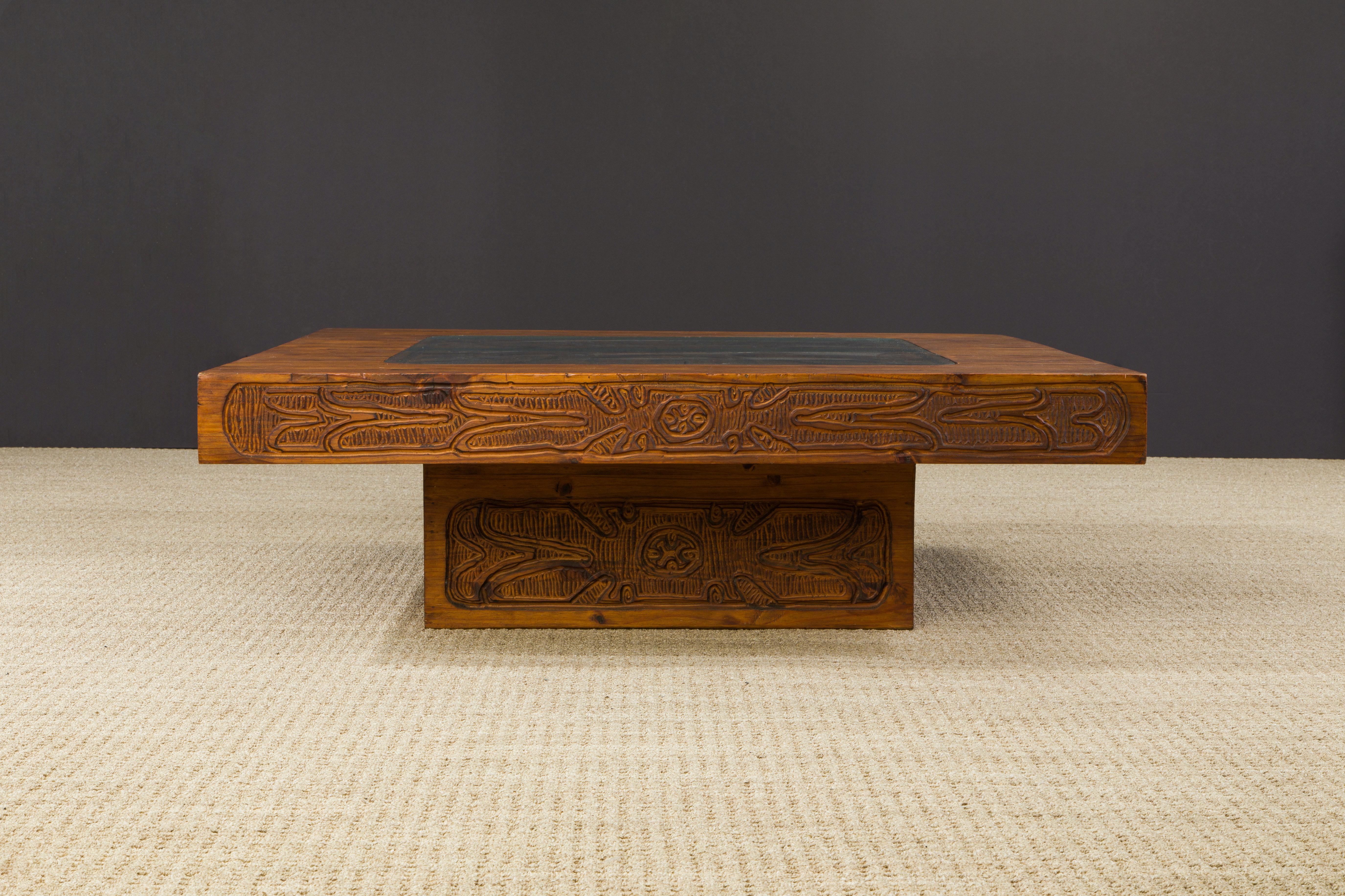 This incredible Mexican modern carved wood coffee table, attributed to Evelyn Ackerman is from circa 1970s, featuring a hefty 53+