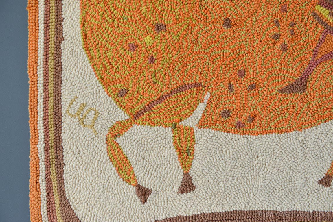 Evelyn Ackerman hooked wool tapestry titled 'Equestrian' circa 1959 depicts a Queen on a horse, this beautiful piece is in good vintage condition with original label on reverse. Only slight wear to top of piece as shown. Beautiful color and subject