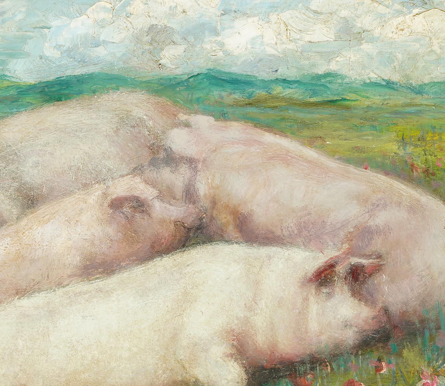 Antique American modernist pig oil painting.  Oil on board.  Signed.  Framed.  Image size, 11L x 9H.