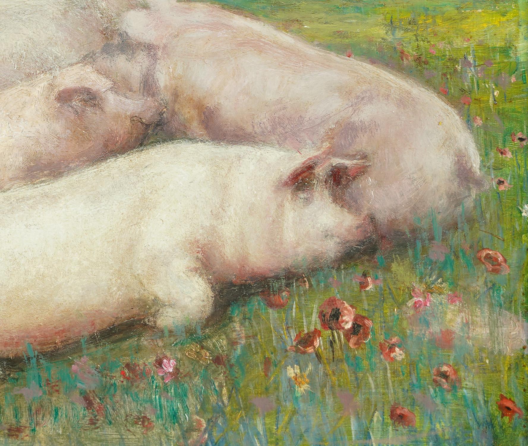  Antique American School Signed Framed Modernist Pig Farm Animal Oil Painting For Sale 2