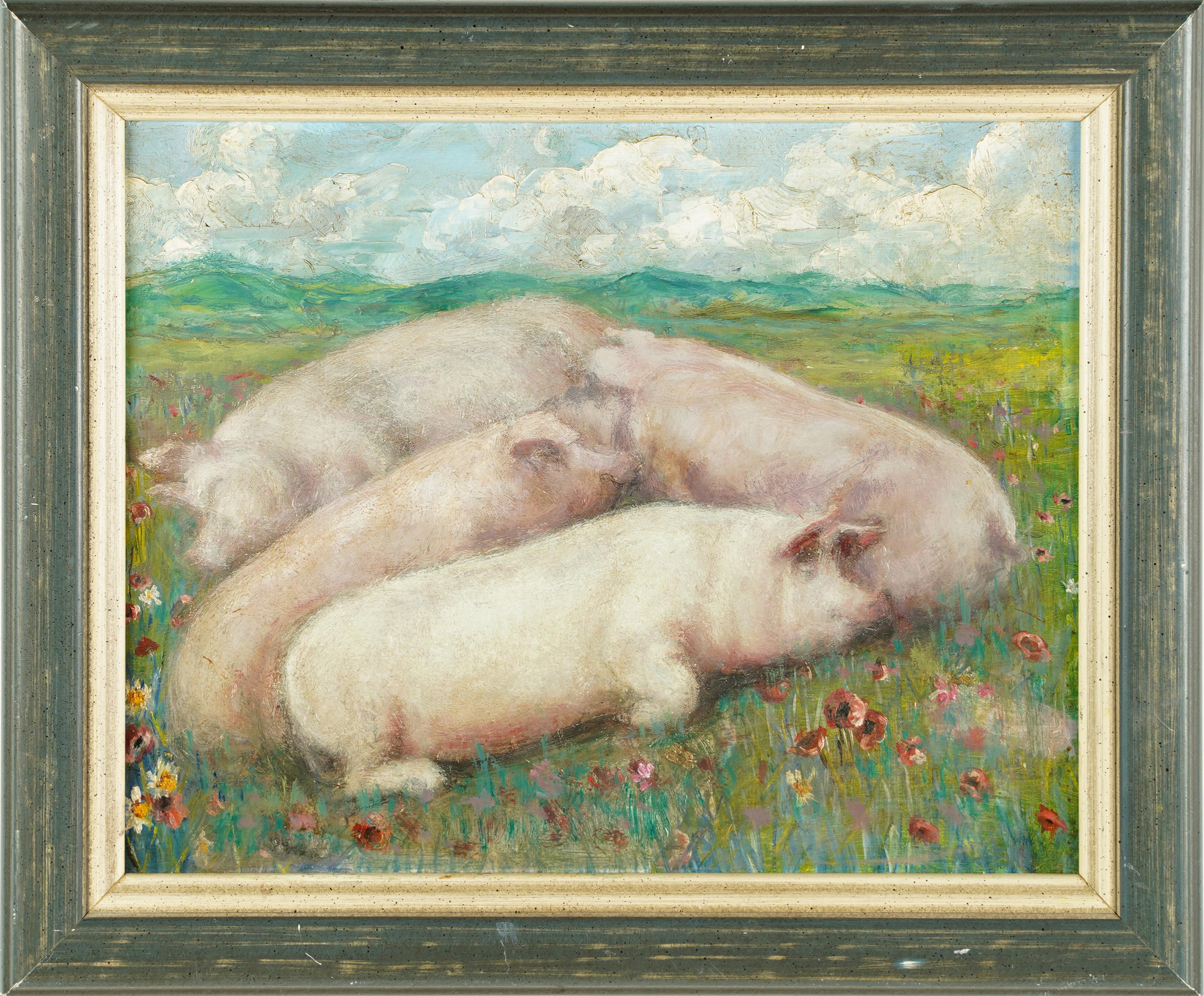 Evelyn Allen Animal Painting -  Antique American School Signed Framed Modernist Pig Farm Animal Oil Painting
