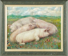  Vintage American School Signed Framed Modernist Pig Farm Animal Oil Painting