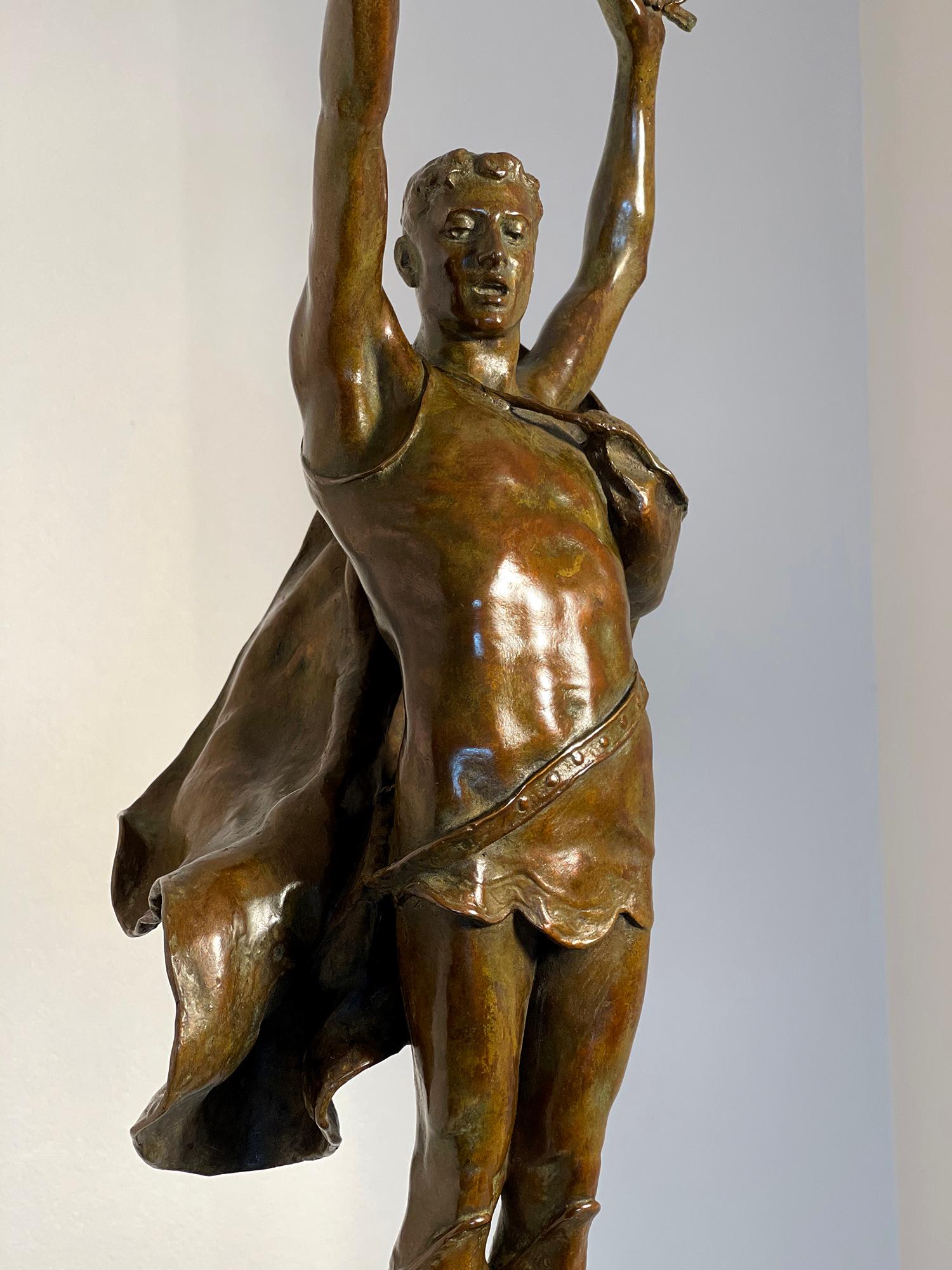 Victory - Athletic Young Man in Classical Pose,  ( Female Sculptor ) - Sculpture by Evelyn Beatrice Longman