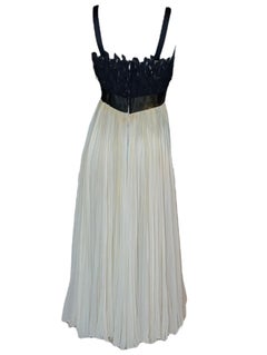 Evelyn Byrnes 1960s Black Appliqué and Ivory Pleated Empire Gown