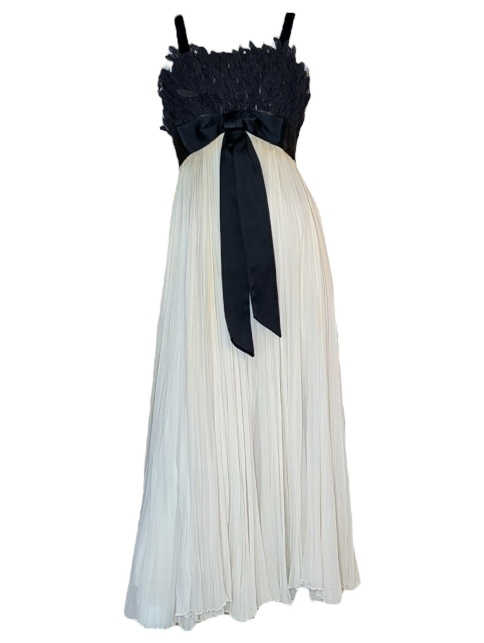 Evelyn Byrnes 1960s Black Appliqué and Ivory Pleated Empire Gown