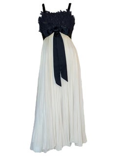 Evelyn Byrnes 1960s Black Appliqué and Ivory Pleated Empire Gown
