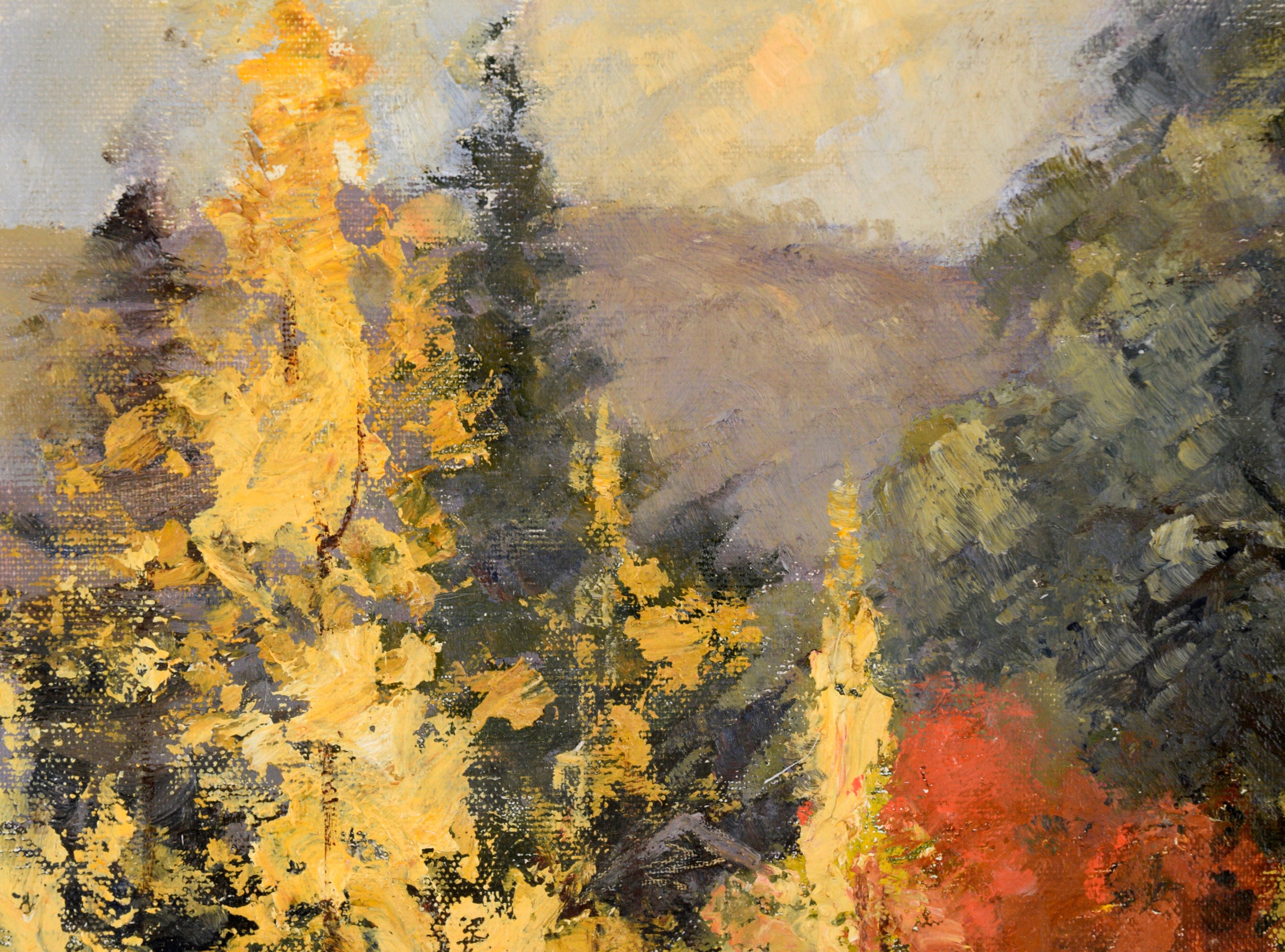 Autumn at the Cottage in the Woods - Landscape in oil on Masonite - Painting by Evelyn Campbell
